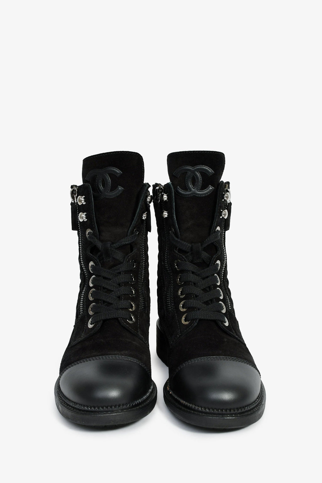 Pre-Loved Chanel™ 2018 Black Quilted Suede Lace Up Boots Size 37