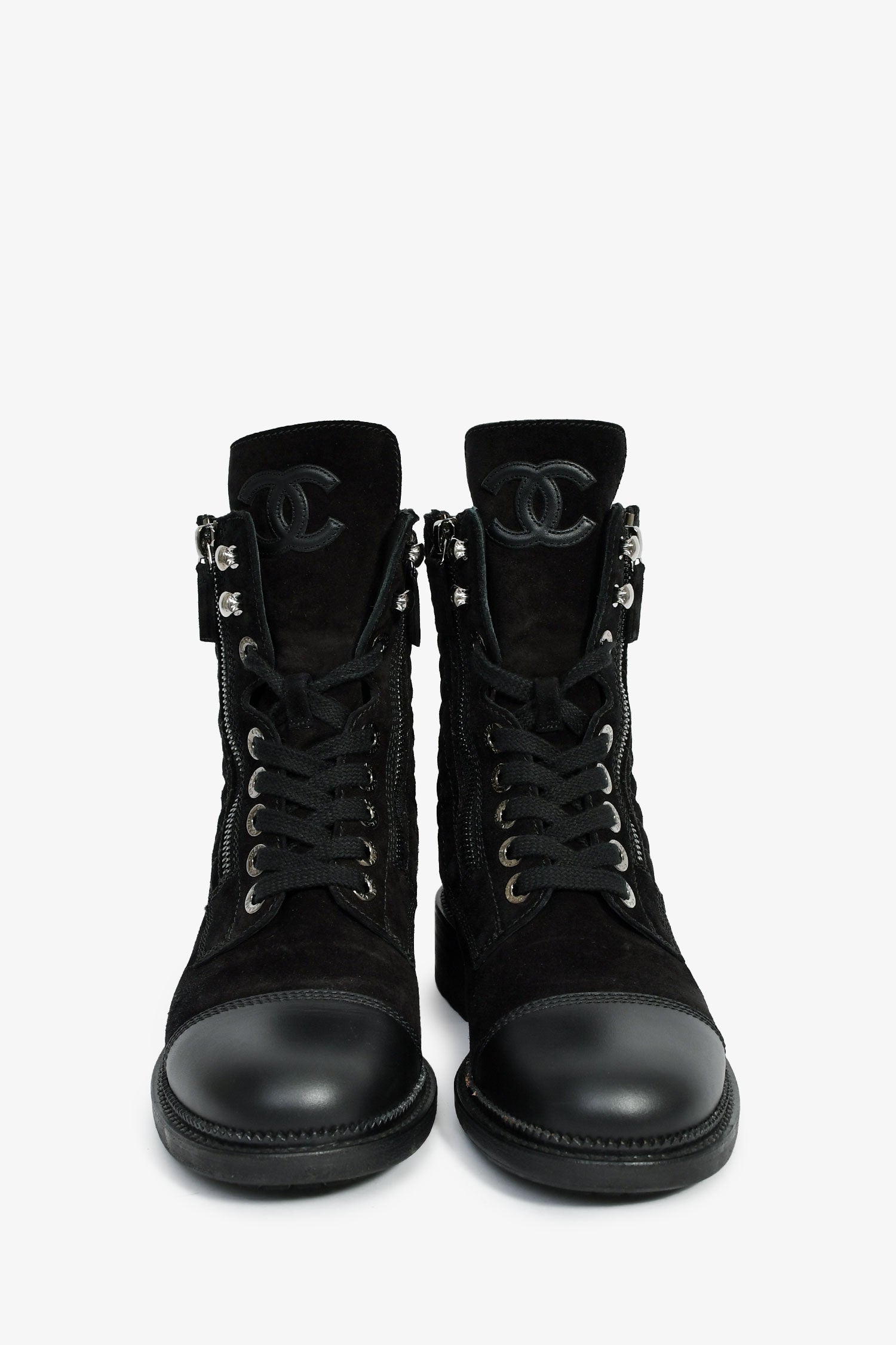 Pre-Loved Chanel™ 2018 Black Quilted Suede Lace Up Boots Size 37