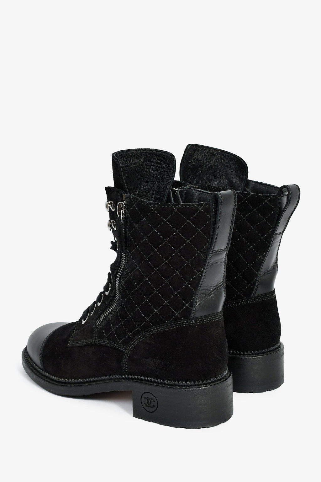 Pre-Loved Chanel™ 2018 Black Quilted Suede Lace Up Boots Size 37