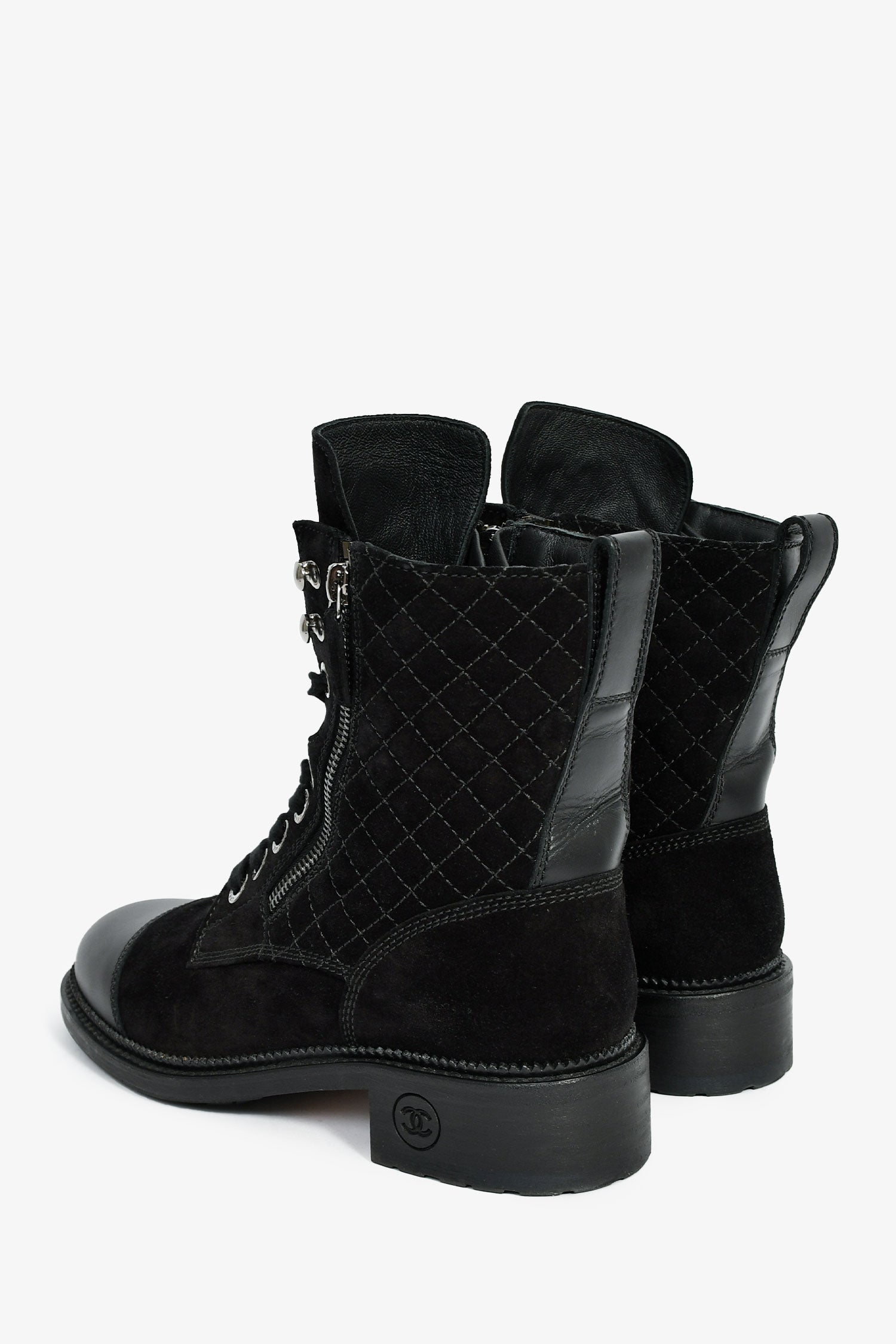 Pre-Loved Chanel™ 2018 Black Quilted Suede Lace Up Boots Size 37