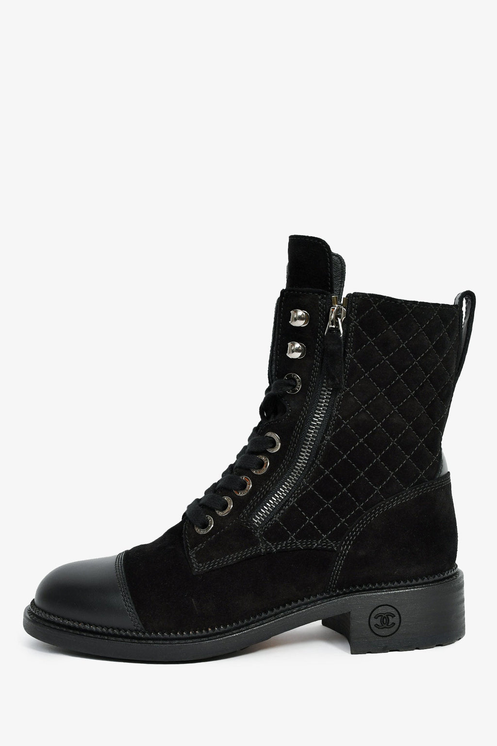 Pre-Loved Chanel™ 2018 Black Quilted Suede Lace Up Boots Size 37