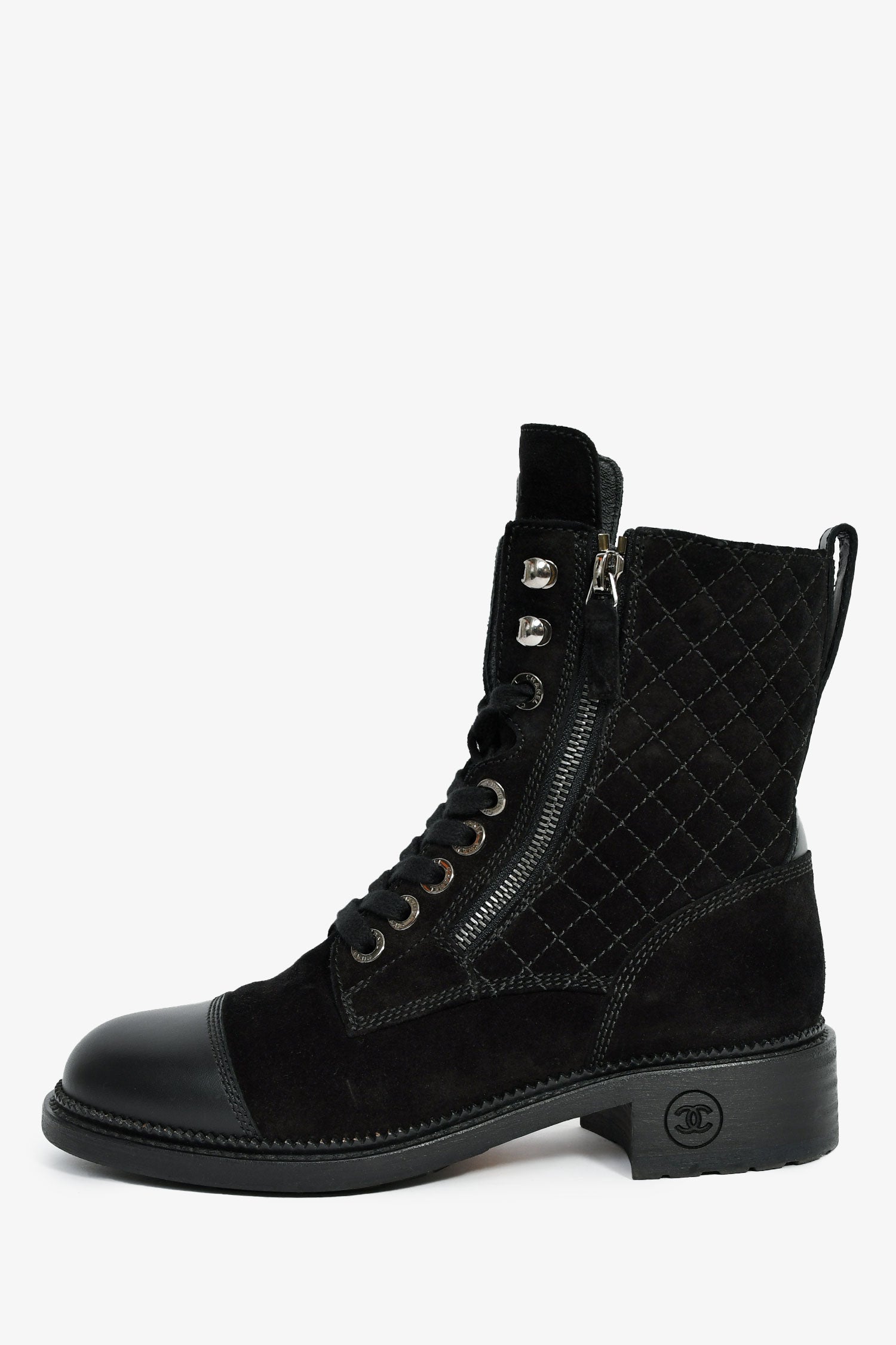 Pre-Loved Chanel™ 2018 Black Quilted Suede Lace Up Boots Size 37