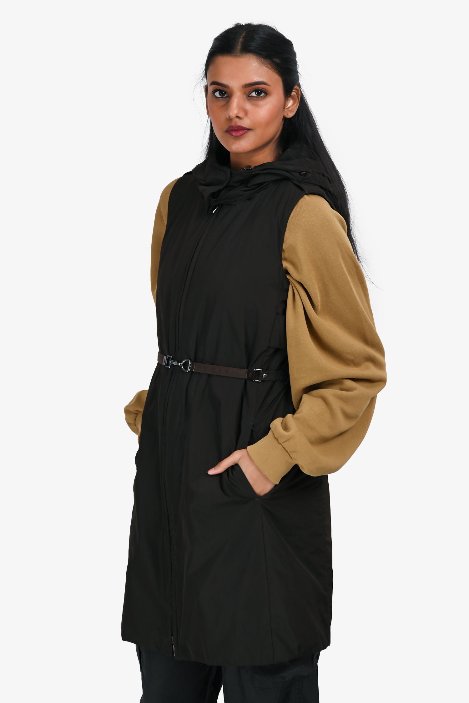 'S Max Mara Black Nylon Belted Midi Vest With Detachable Hood Size 6
