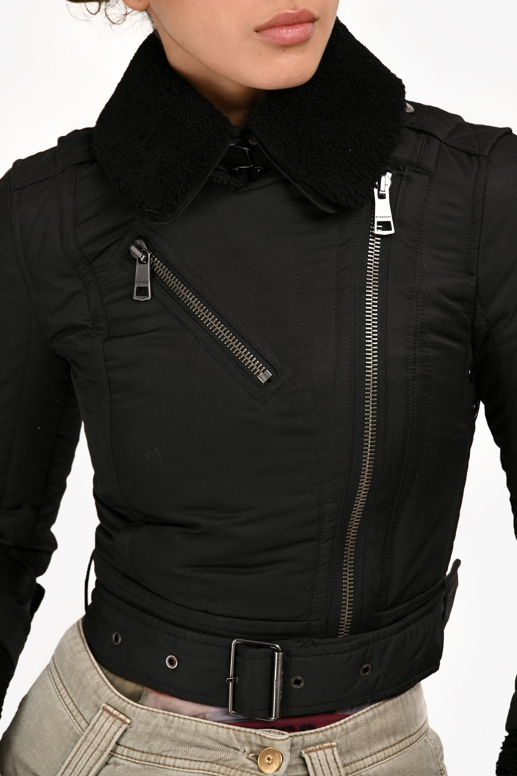 Burberry Brit Black Nylon Shearling-Trimmed Cropped Jacket Size 2