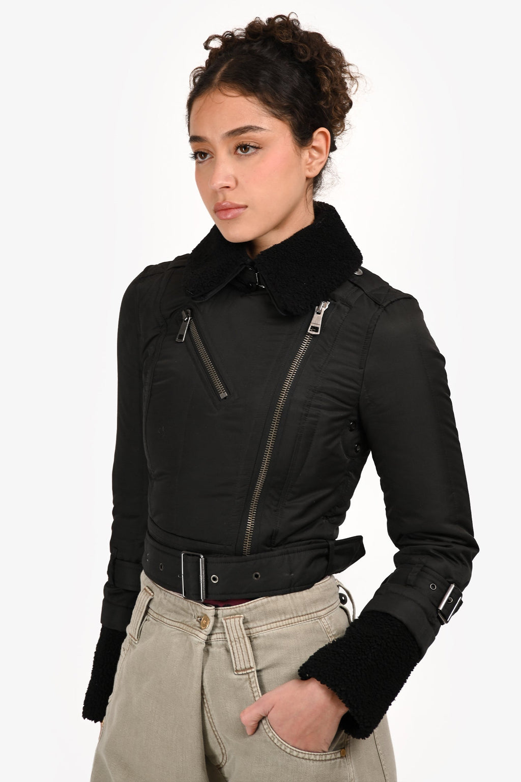 Burberry Brit Black Nylon Shearling-Trimmed Cropped Jacket Size 2