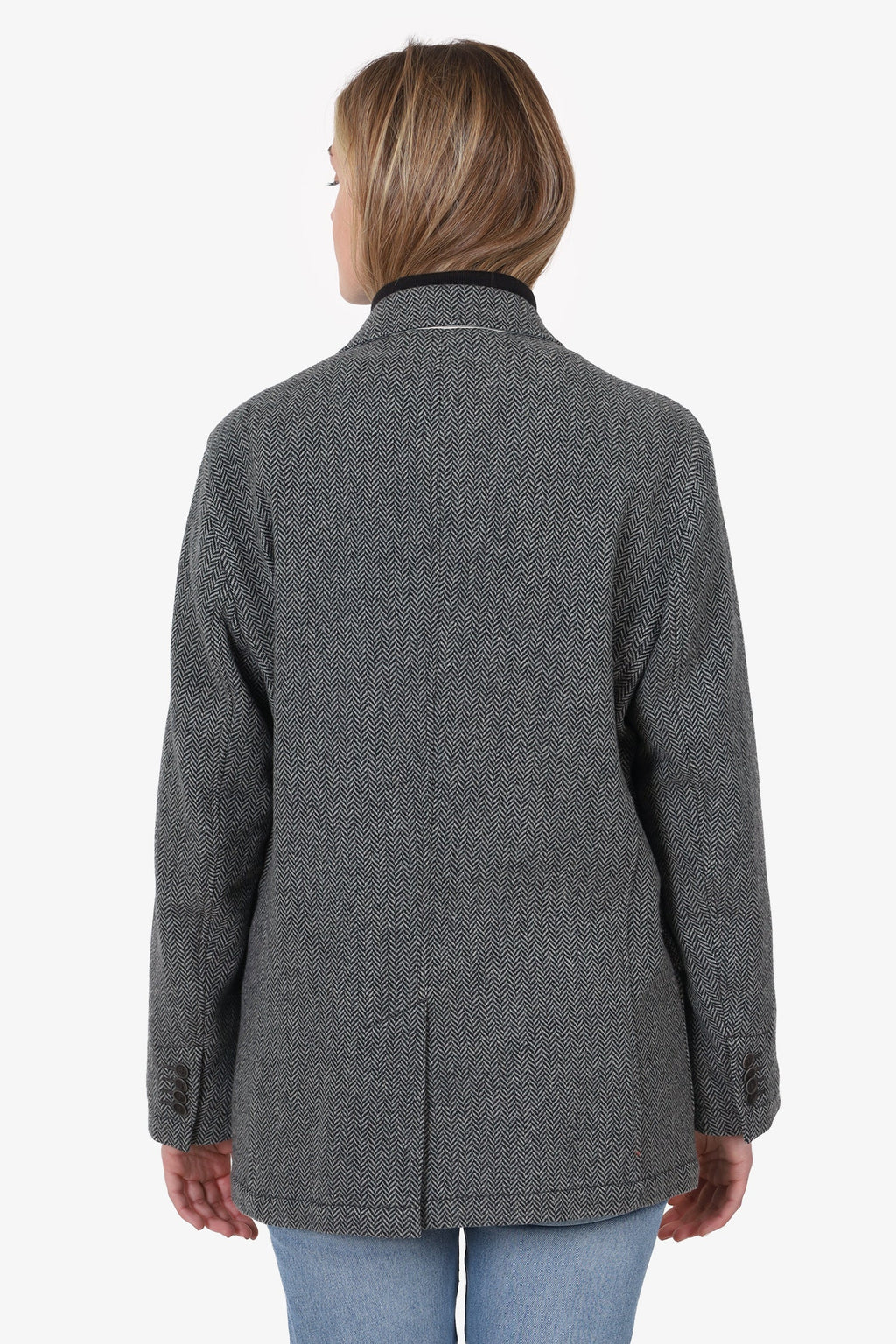 Burberry Black/White Wool Herringbone Single Breasted Blazer With Quilted Zip Up Size L