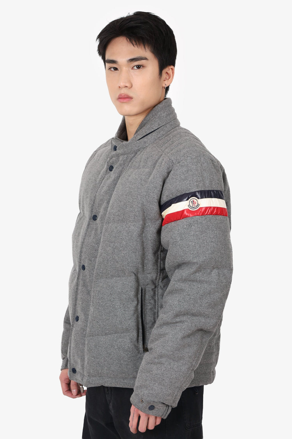 Moncler Grey Wool Down Puffer Jacket With Hidden Hood Size 6 Mens