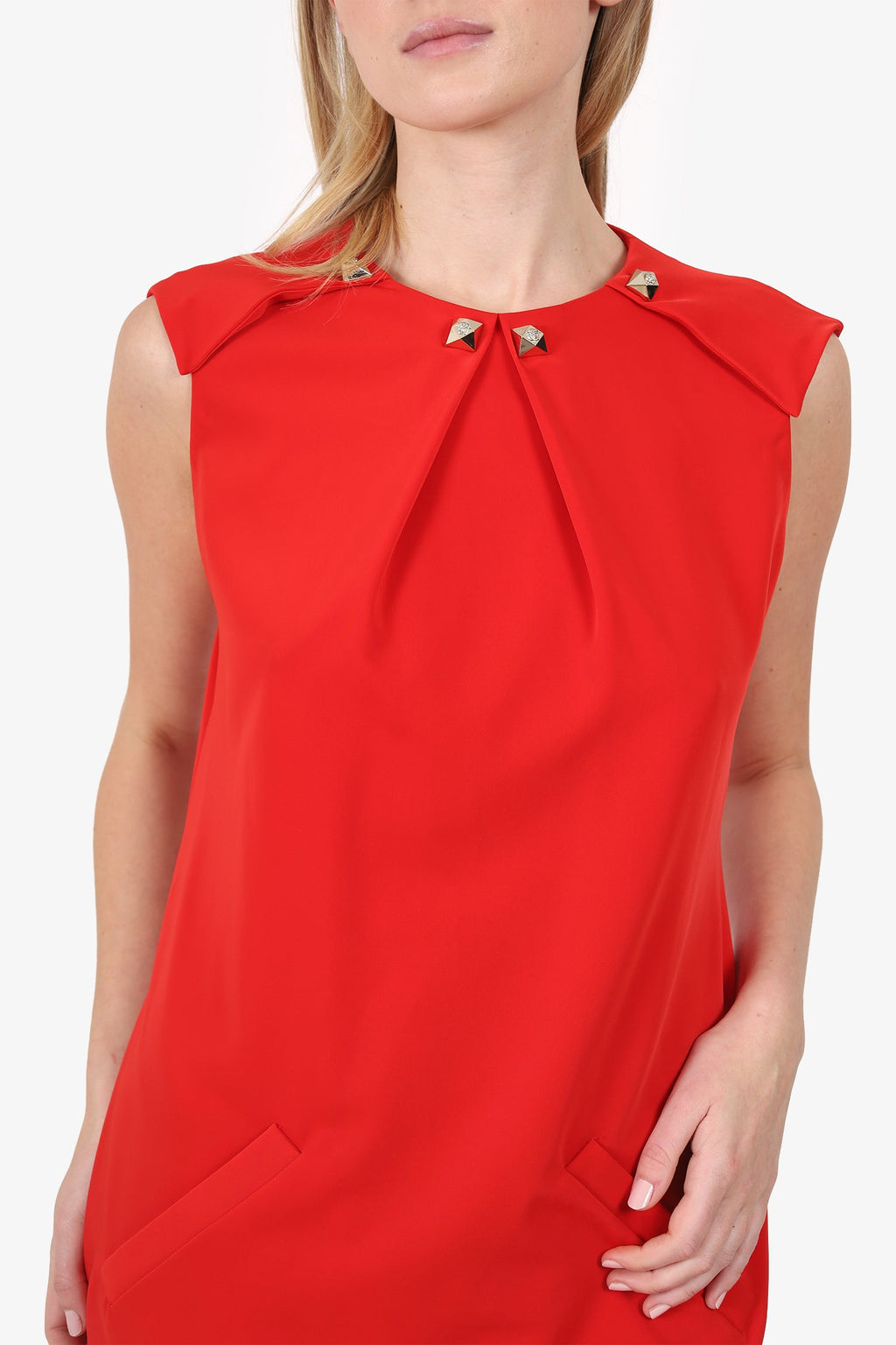 Versace Red Sleeveless Studded Box Pleated Mini Dress Size 42