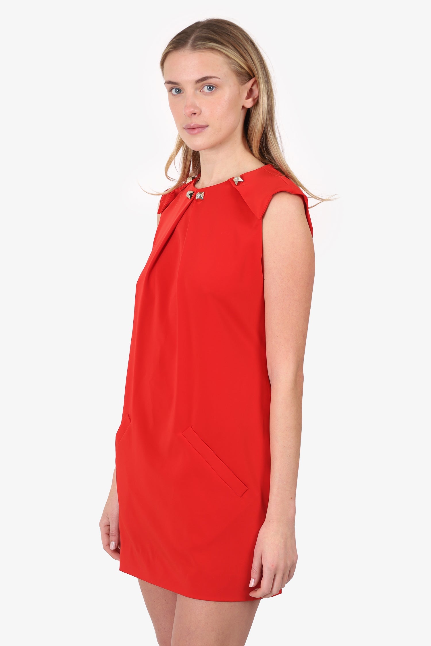 Versace Red Sleeveless Studded Box Pleated Mini Dress Size 42