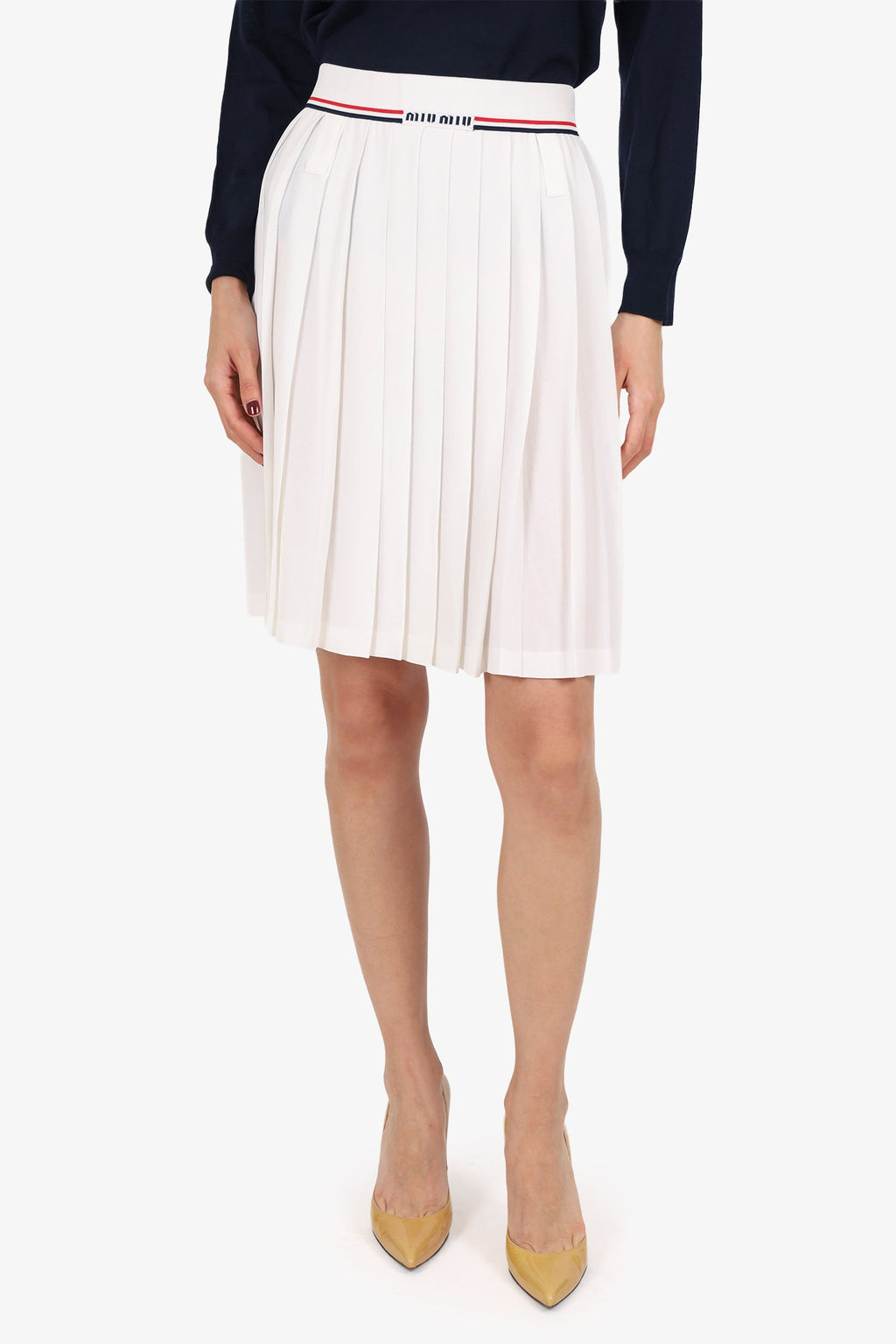 Miu Miu White Pleated 'Miu Miu' Knit Waistband Skirt Size 38