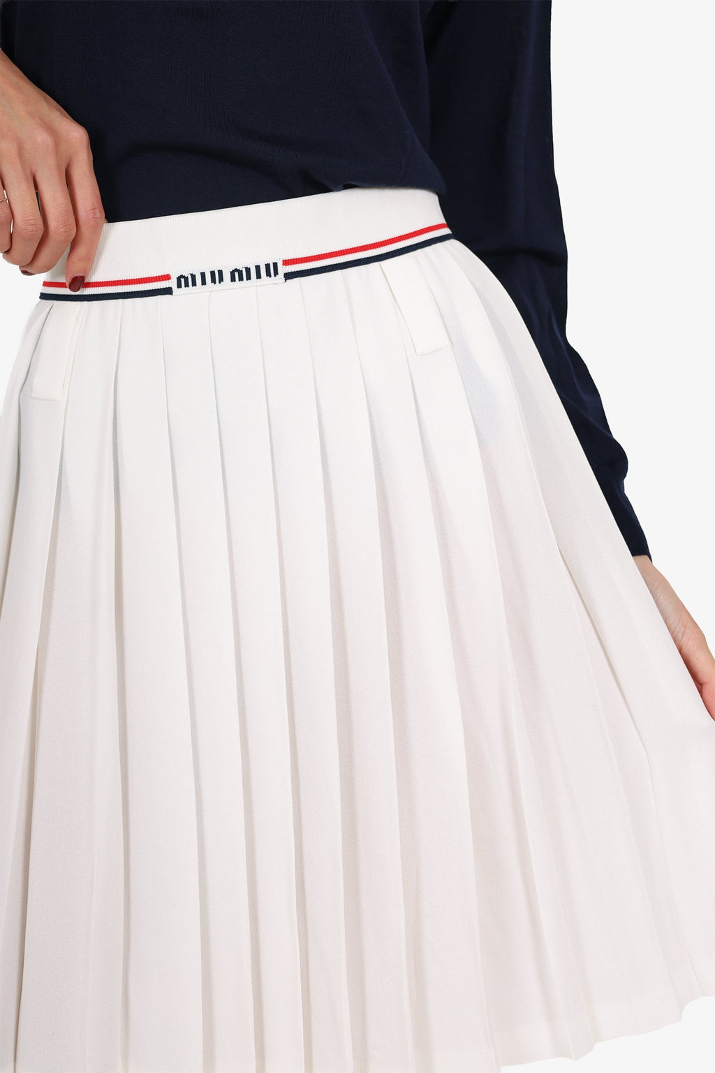 Miu Miu White Pleated 'Miu Miu' Knit Waistband Skirt Size 38
