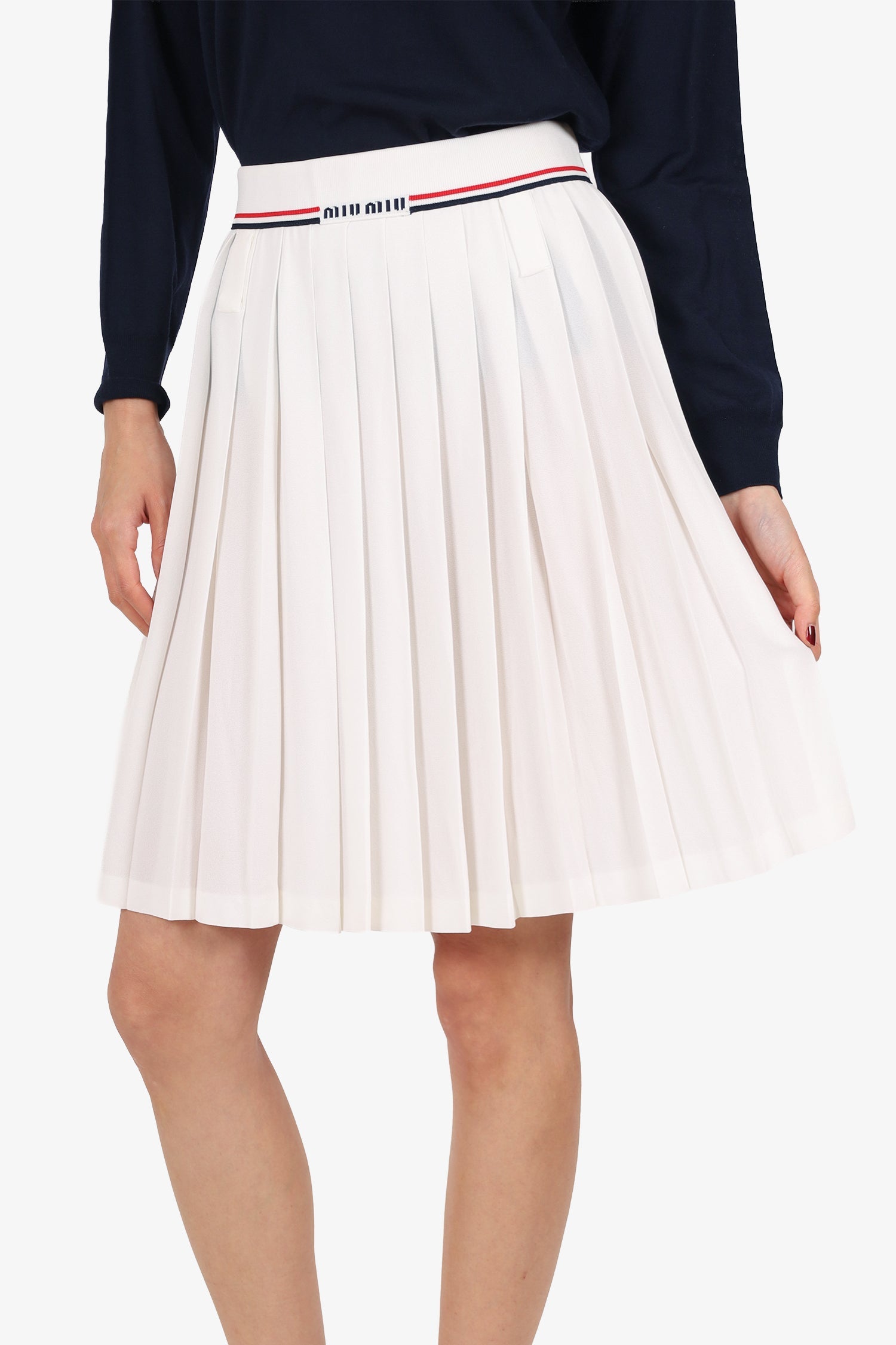 Miu Miu White Pleated 'Miu Miu' Knit Waistband Skirt Size 38