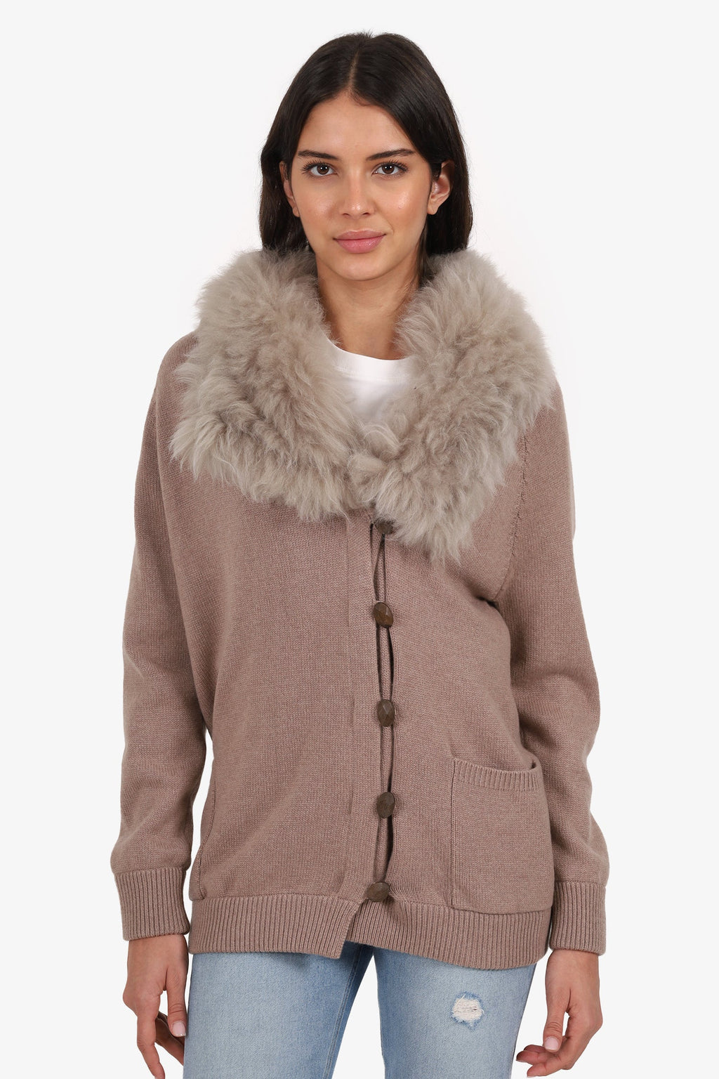 Brunello Cucinelli Taupe Cashmere/Shearling Collar igan Size M