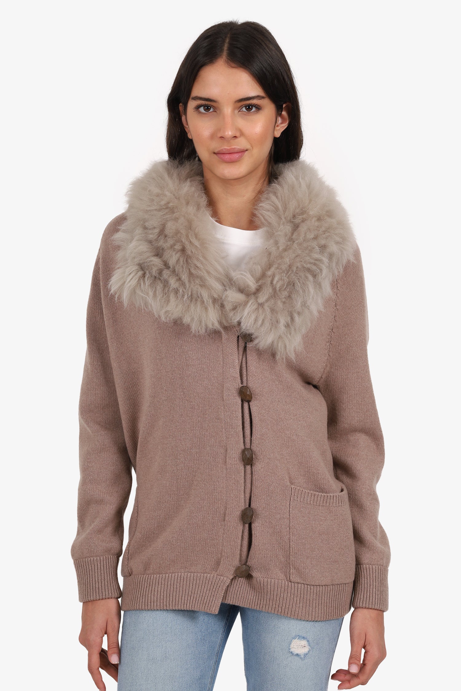 Brunello Cucinelli Taupe Cashmere/Shearling Collar igan Size M