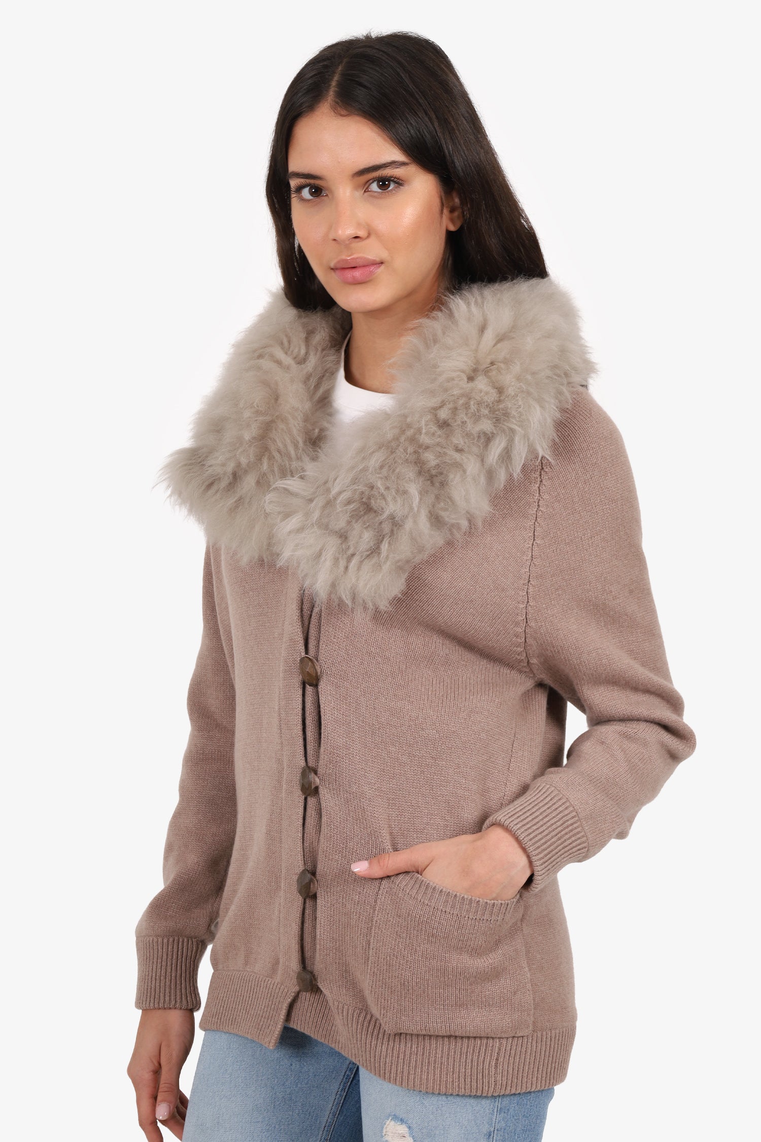 Brunello Cucinelli Taupe Cashmere/Shearling Collar igan Size M