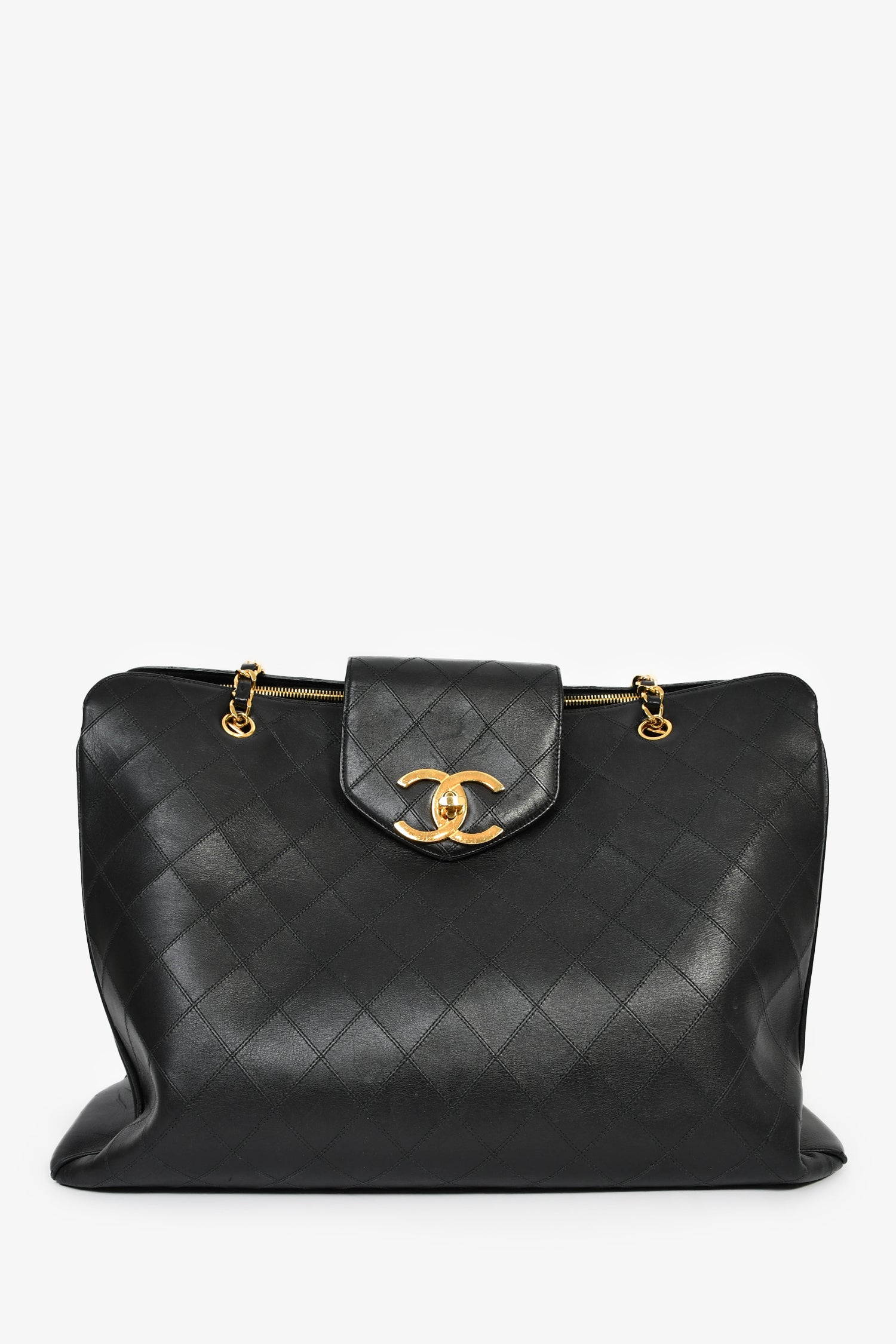 Pre-Loved Chanel™ 1991/94 Black Leather Quilted XL Supermodel Weekender Tote
