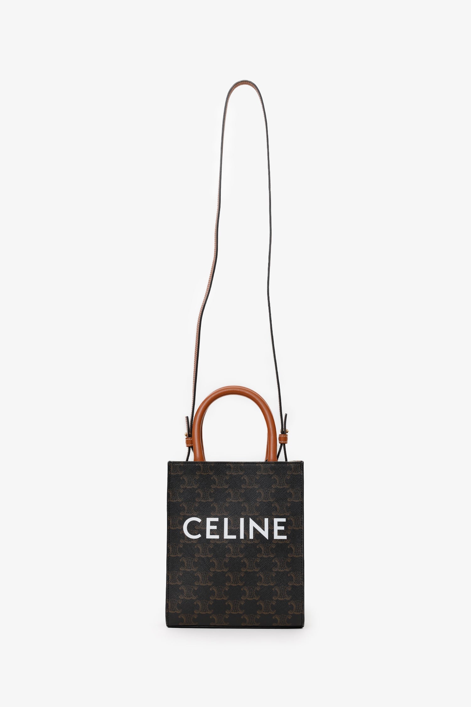 Celine 2021 Brown Canvas/Leather Mini Triomphe Vertical Cabas Tote With Strap