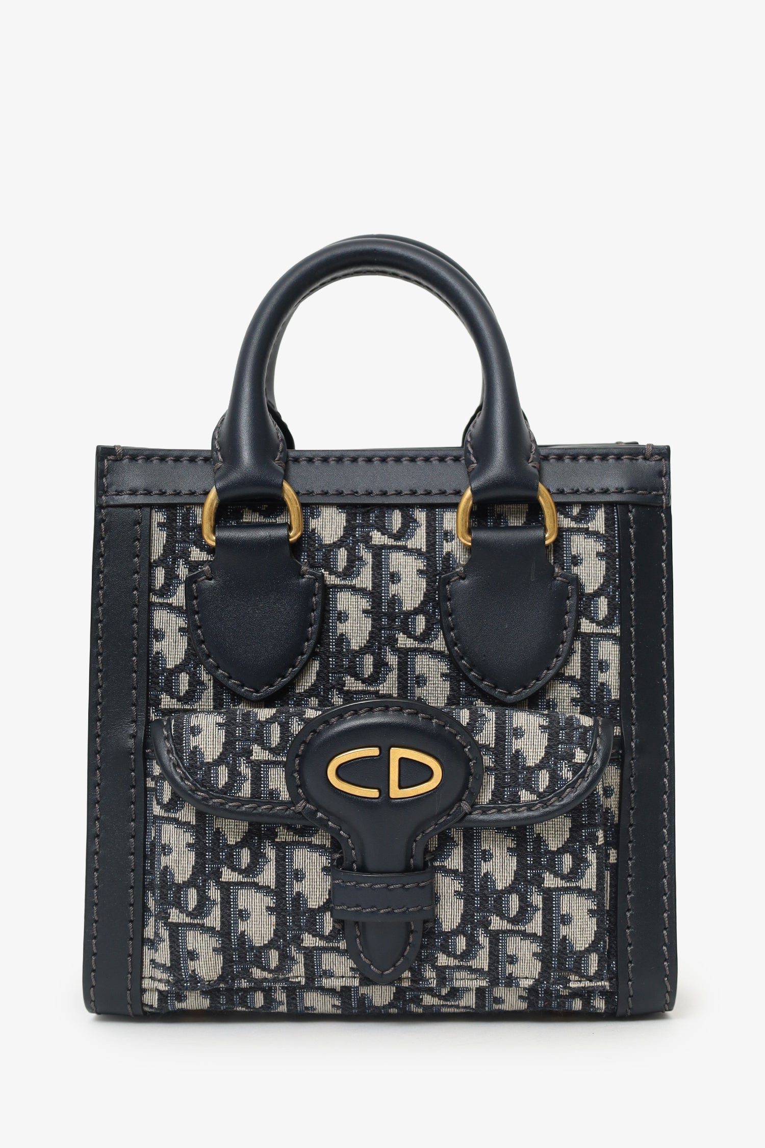 Christian Dior Navy Canvas/Leather Oblique Mini Tote Bag With Strap