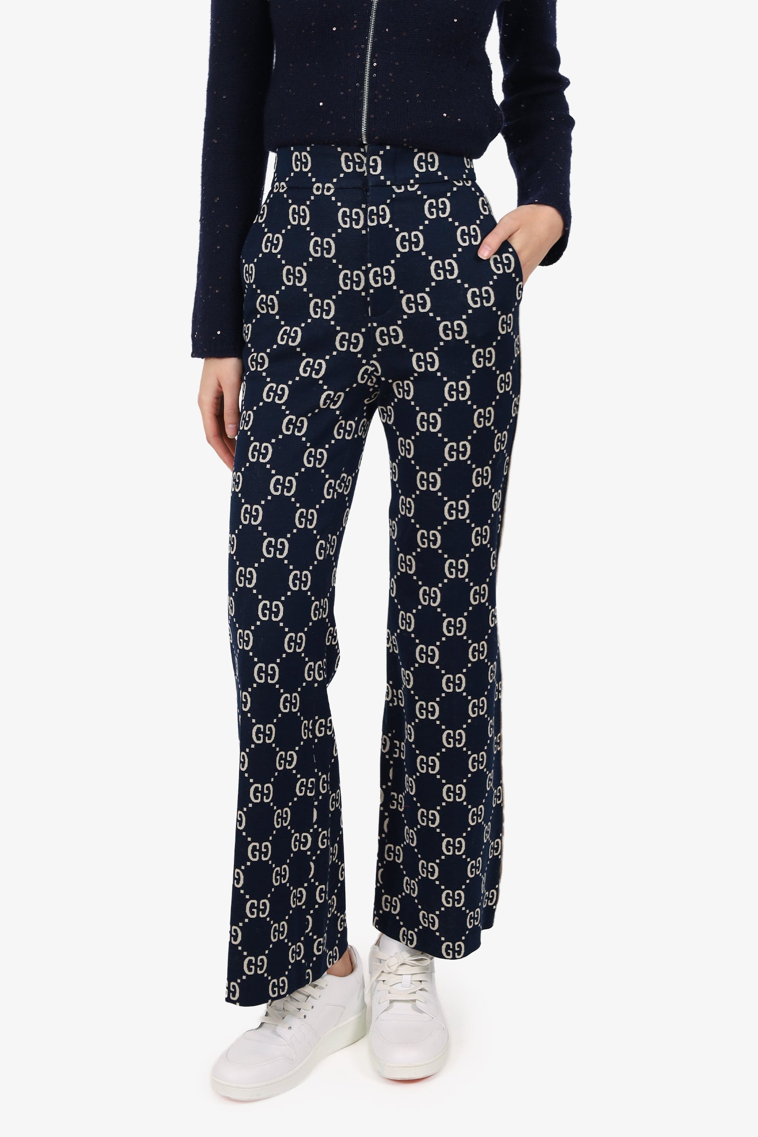Gucci Navy/Cream Knit 'GG' Monogram Pants Size 36