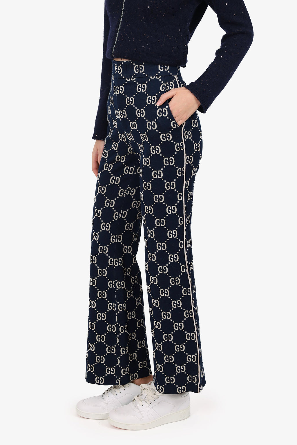 Gucci Navy/Cream Knit 'GG' Monogram Pants Size 36