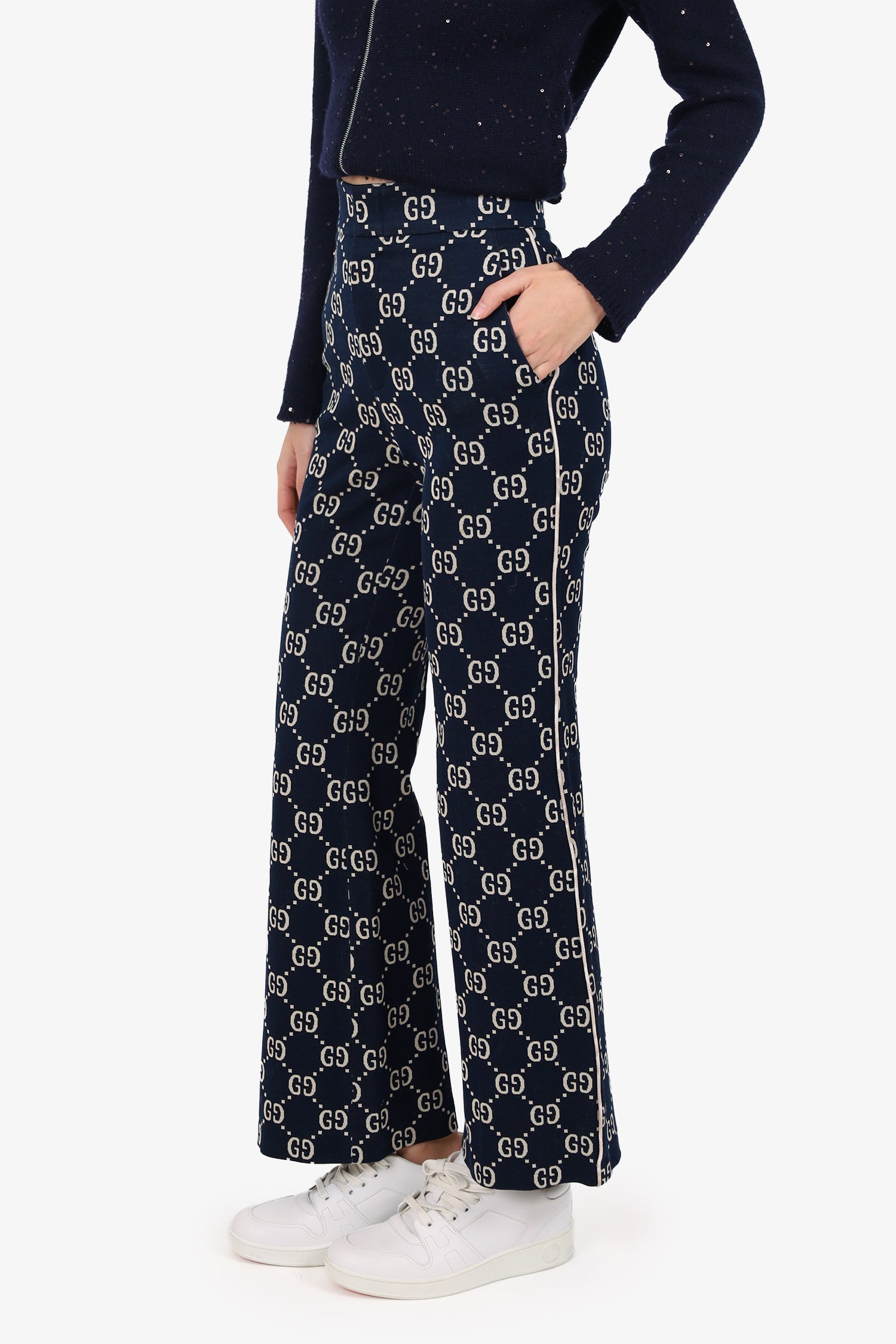 Gucci Navy/Cream Knit 'GG' Monogram Pants Size 36