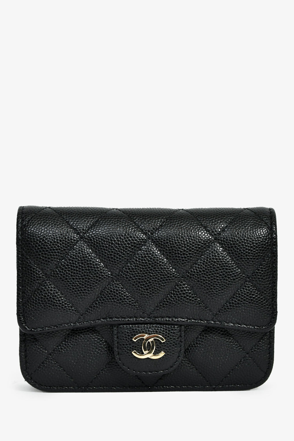 Pre-Loved Chanel™ 2021+ Black Caviar Leather Small Flap  Holder On Chain Champagne Hardware