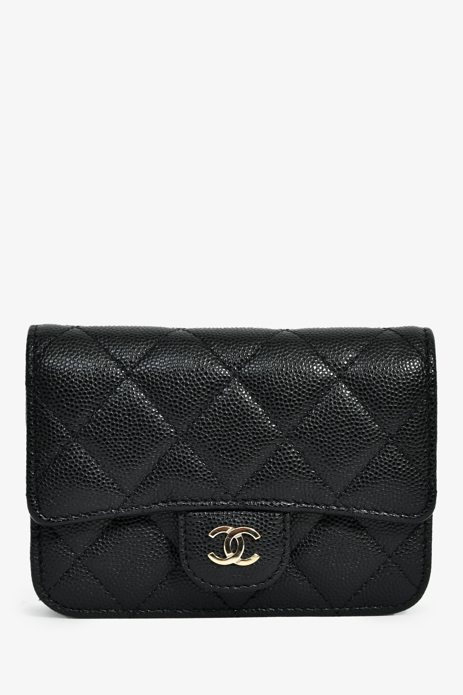 Pre-Loved Chanel™ 2021+ Black Caviar Leather Small Flap  Holder On Chain Champagne Hardware