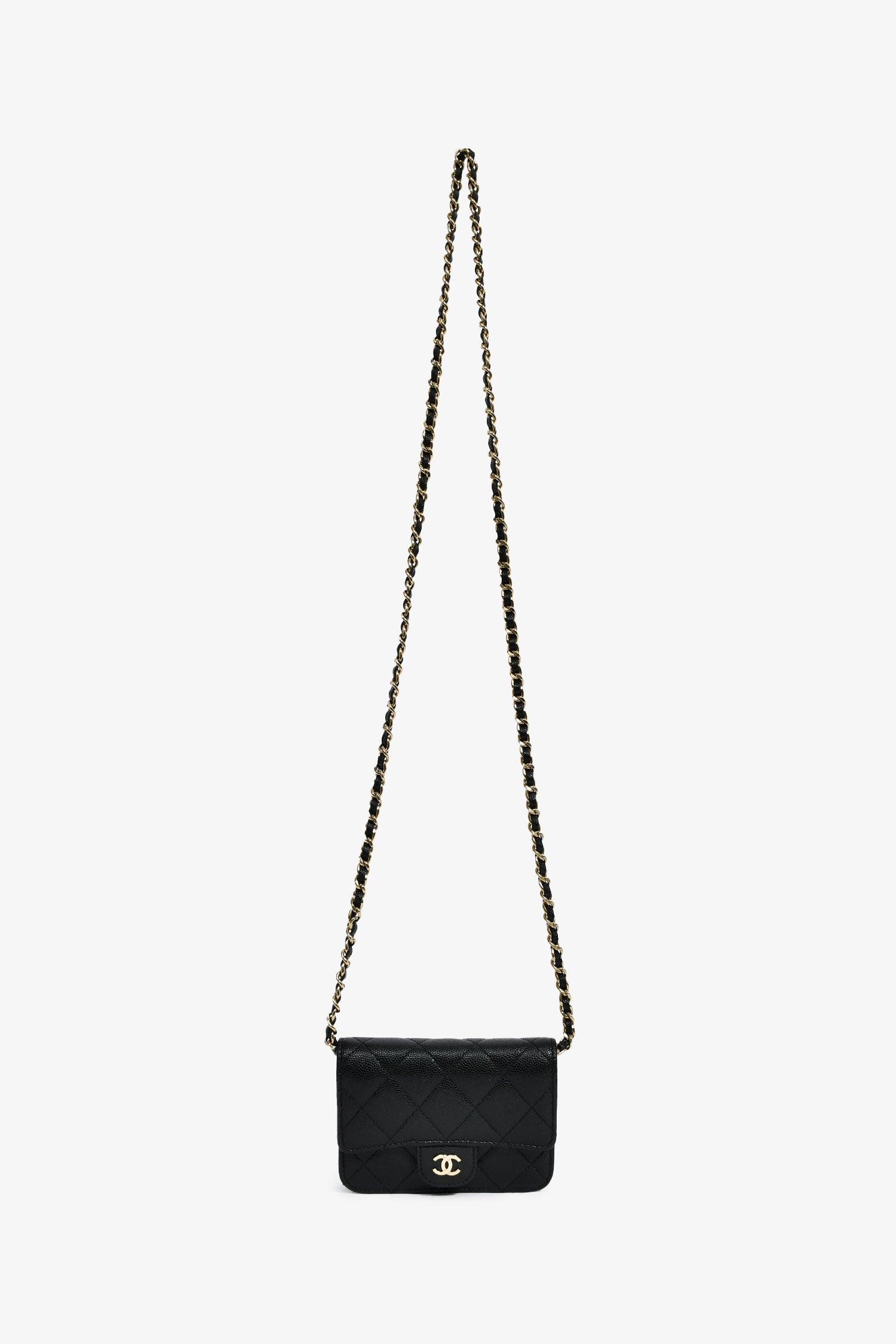 Pre-Loved Chanel™ 2021+ Black Caviar Leather Small Flap  Holder On Chain Champagne Hardware