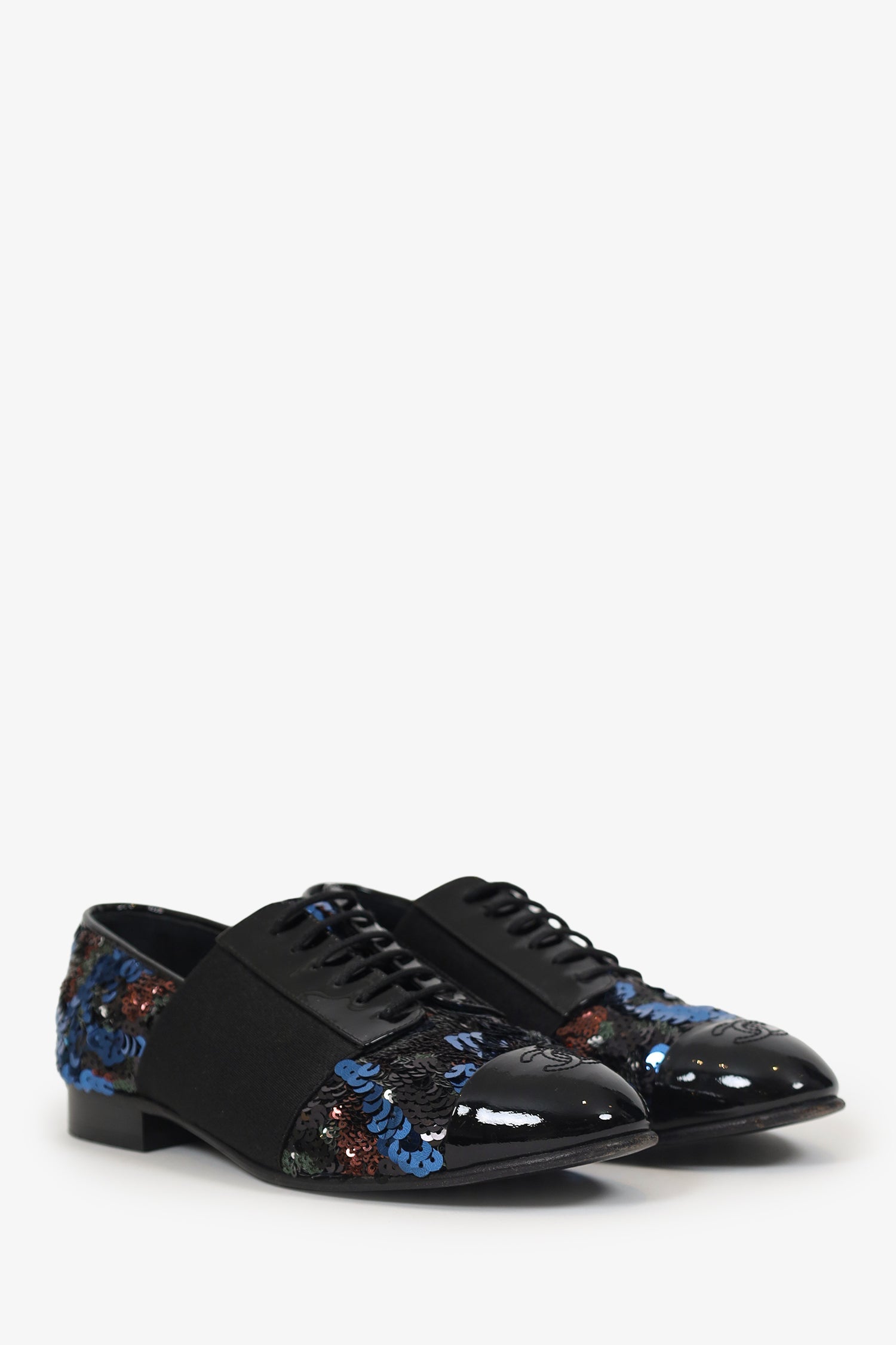 Pre-Loved Chanel™ Patent Leather/Sequin Cap Toe Brogues Size 37.5