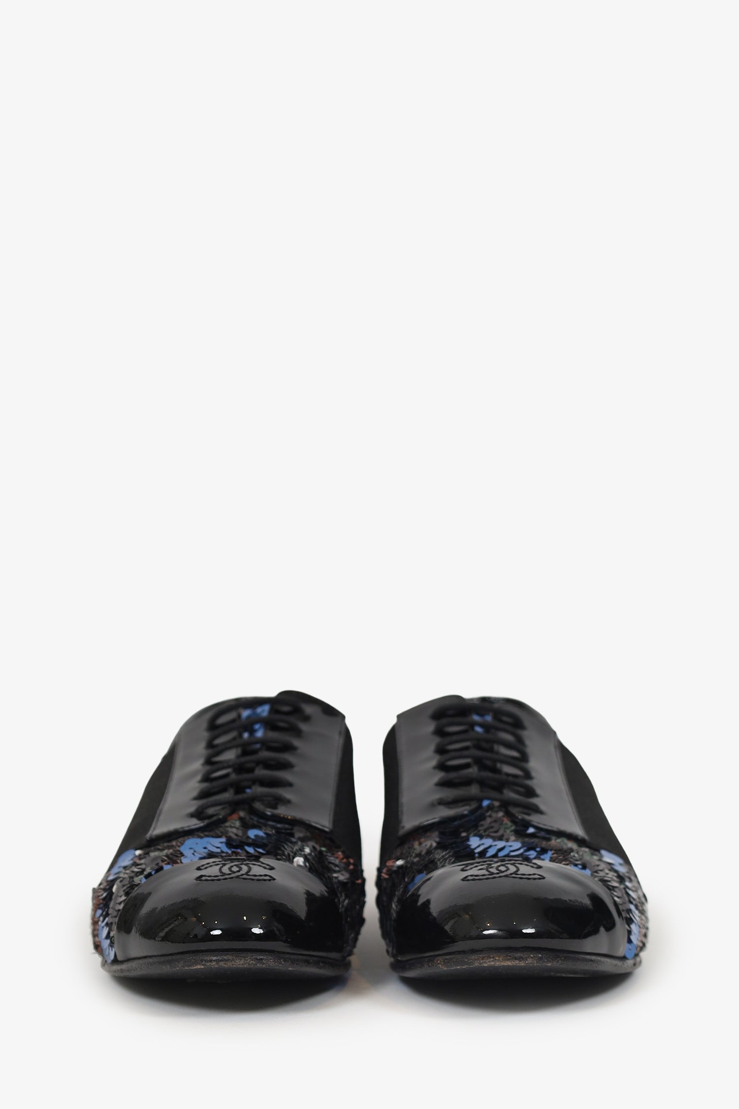 Pre-Loved Chanel™ Patent Leather/Sequin Cap Toe Brogues Size 37.5