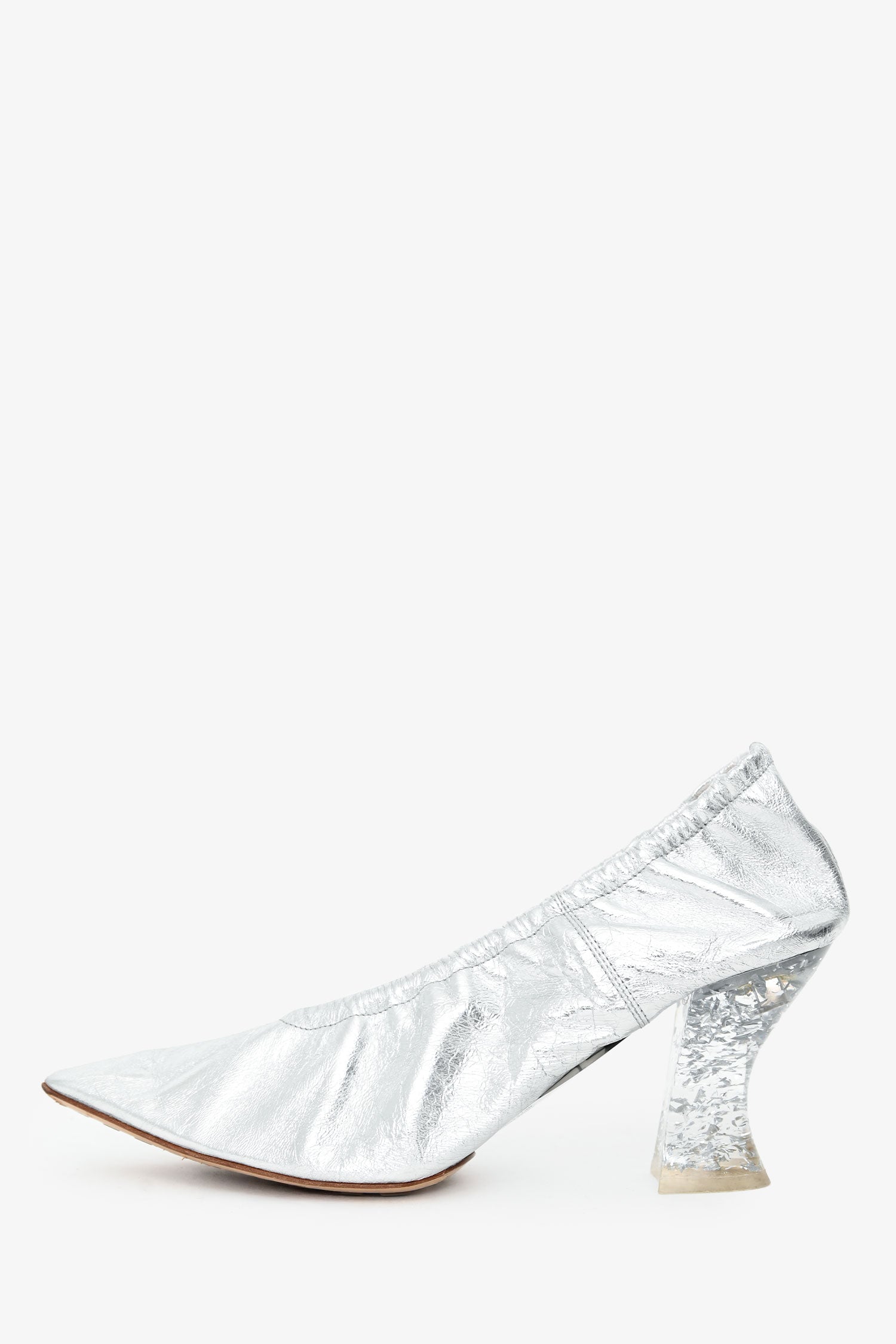 Bottega Veneta Silver Crinkled Leather Clear 'Almond' Pointed Heel Size 38.5