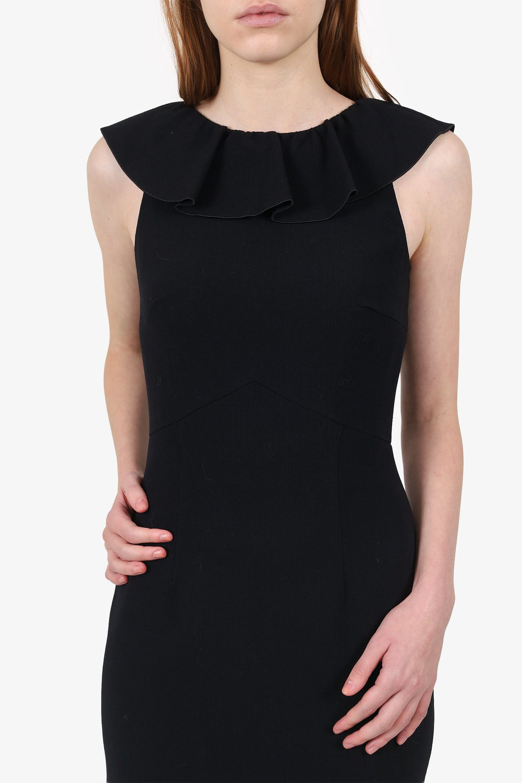Emilio Pucci Black Wool Sleeveless Ruffle Detail Knee Length Dress Size 36