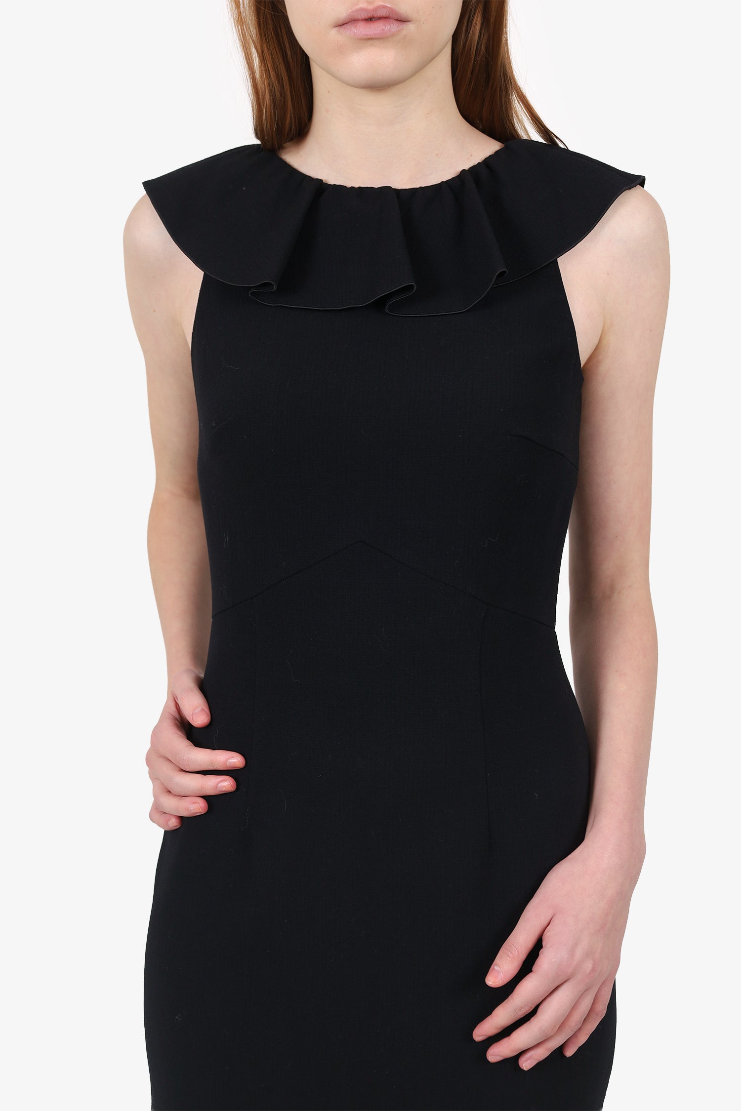 Emilio Pucci Black Wool Sleeveless Ruffle Detail Knee Length Dress Size 36