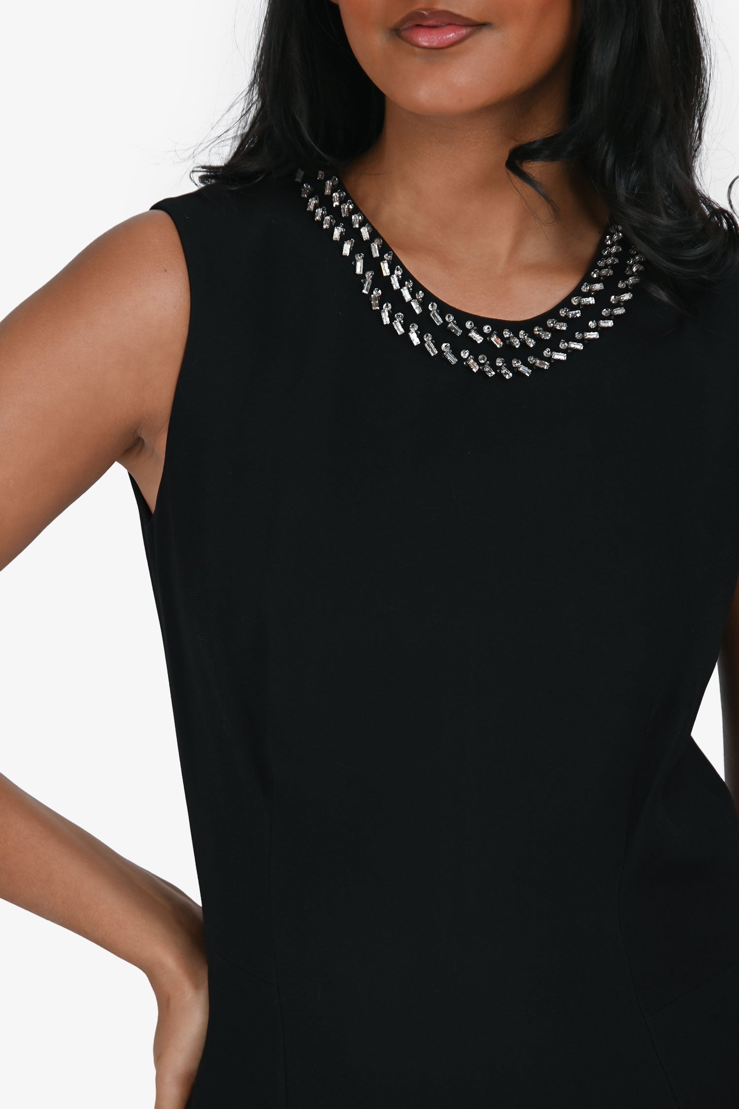 Prada 2014 Black Embellished Neckline Midi Cocktail Dress Size 38