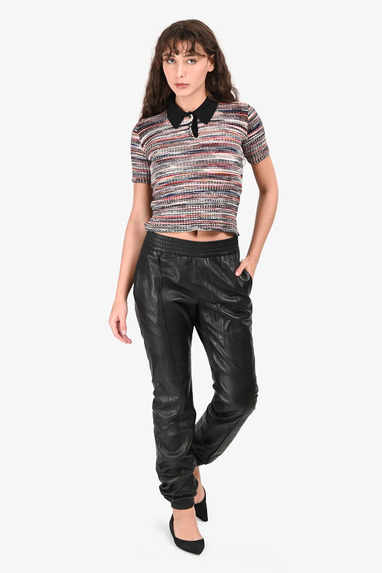 Joseph Black Leather Cuffed Elastic Waistband Pants Size 38