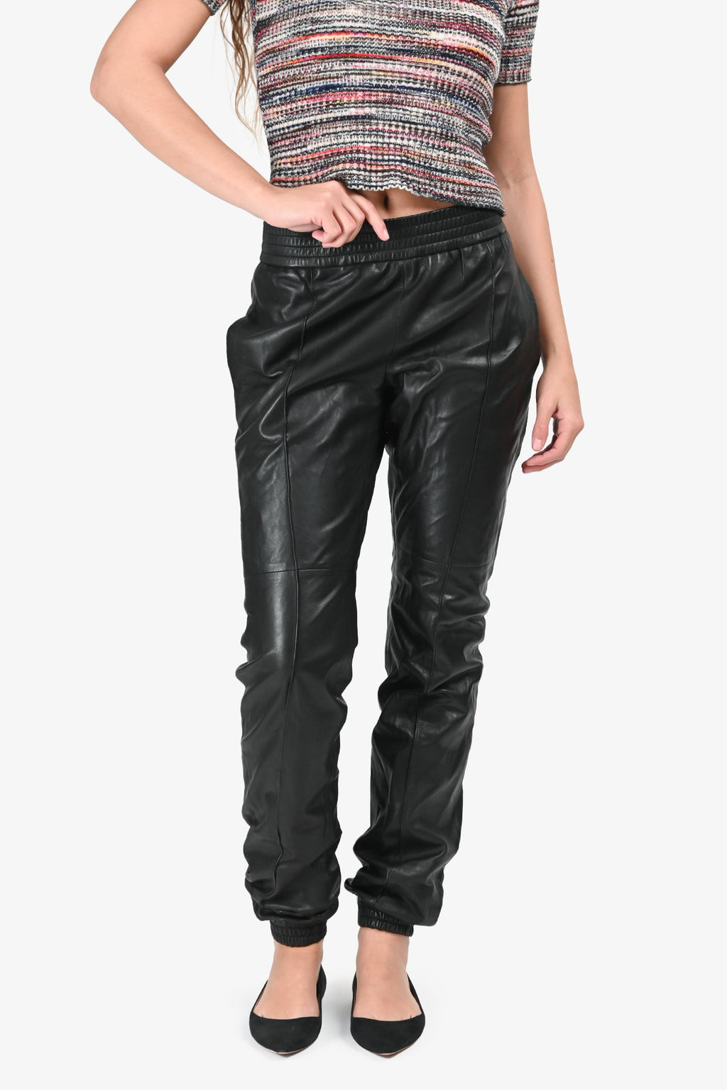 Joseph Black Leather Cuffed Elastic Waistband Pants Size 38