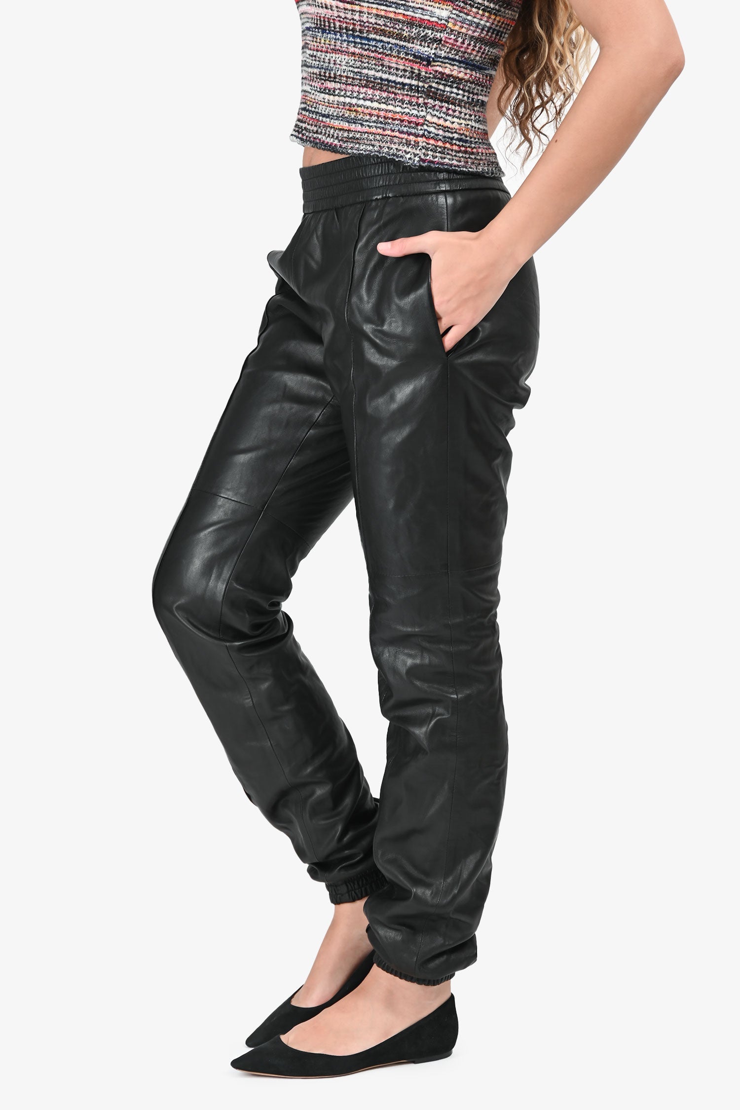 Joseph Black Leather Cuffed Elastic Waistband Pants Size 38