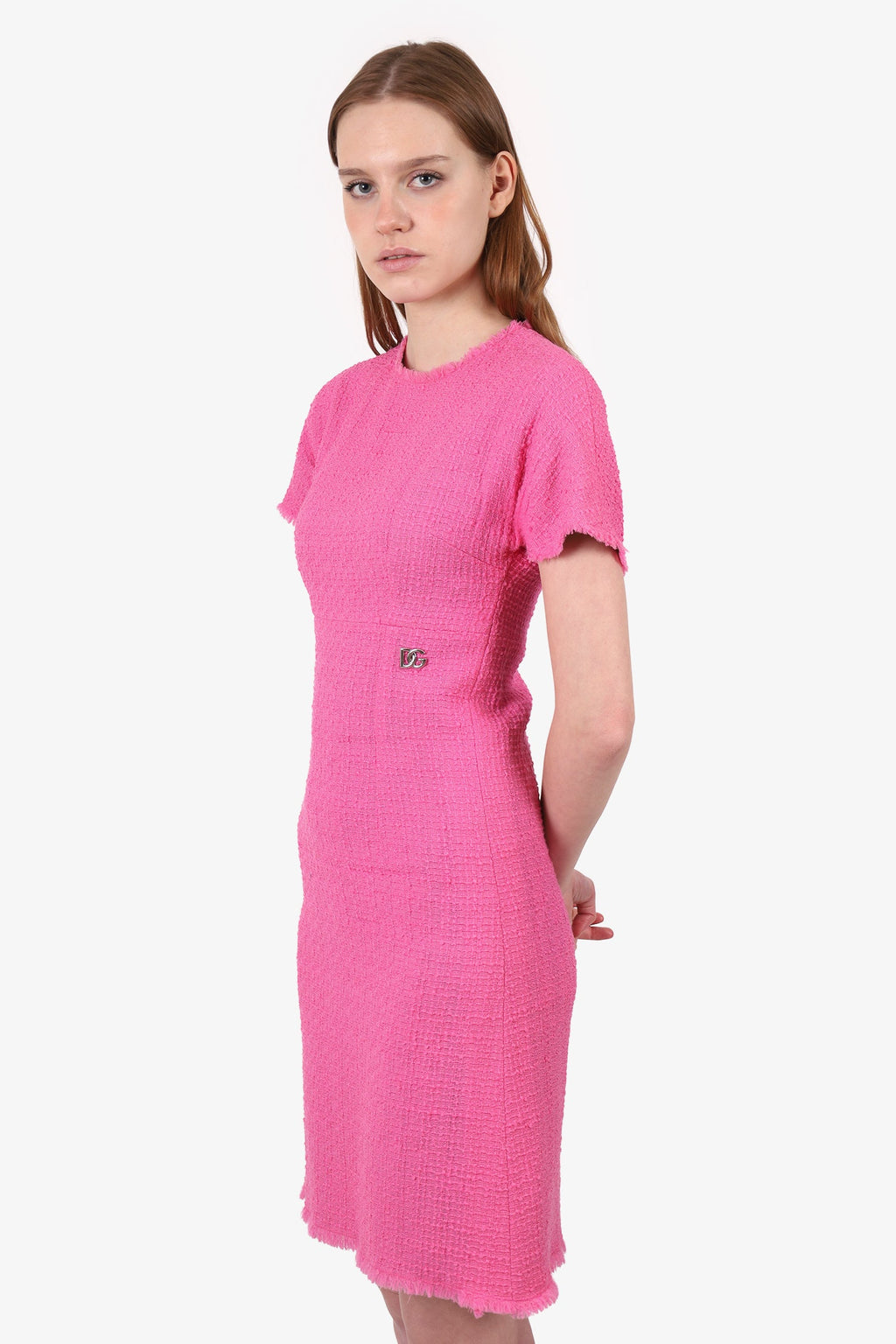 Dolce & Gabbana Pink Wool Tweed Knee Length Short Sleeve Dress Size 38