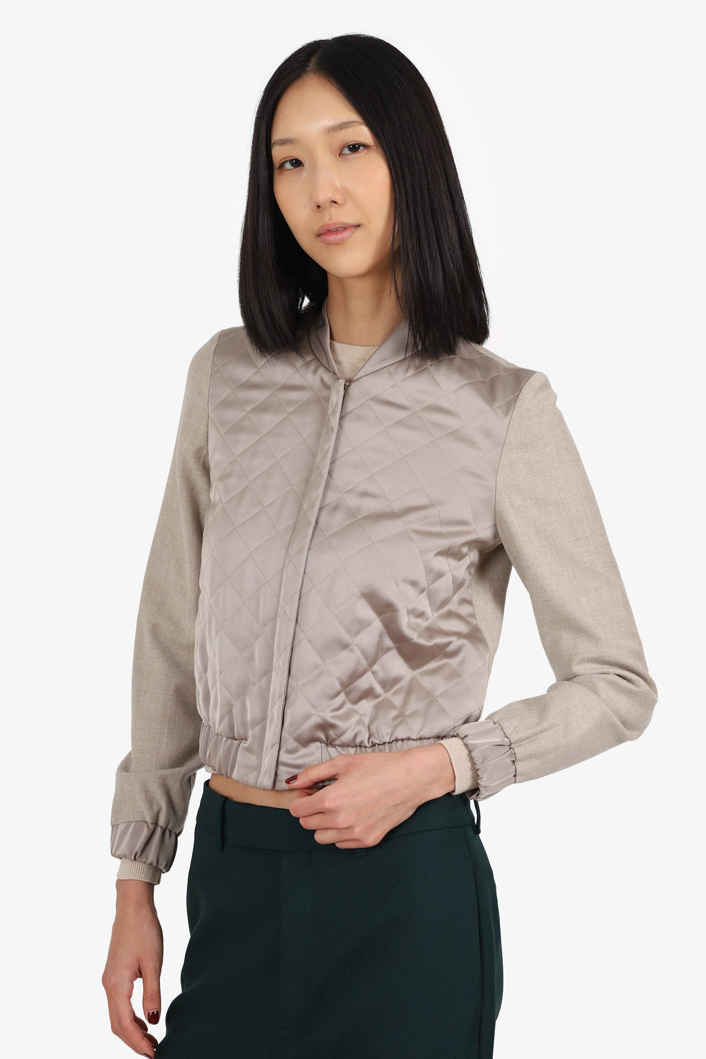 Judith & Charles Taupe/Beige Quilted Satin Bomber Jacket Size 2
