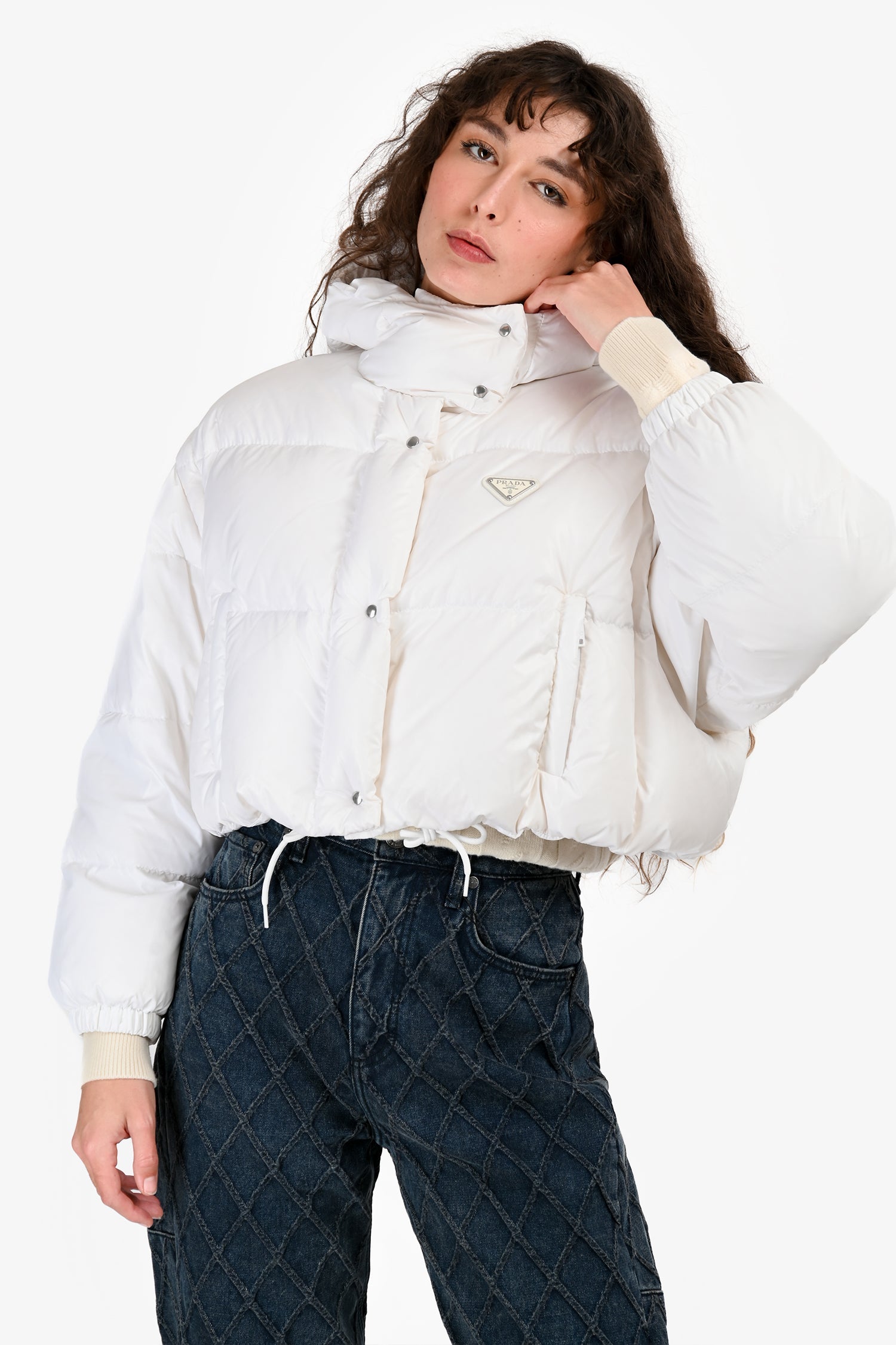 Prada White Logo Cropped Down Jacket Est. Size S