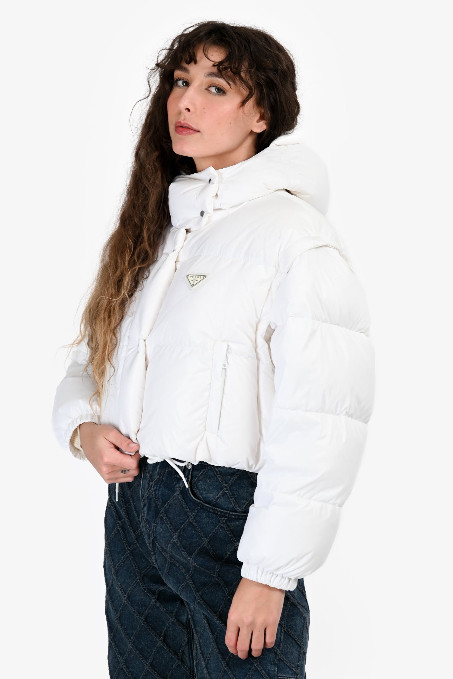 Prada White Logo Cropped Down Jacket Est. Size S