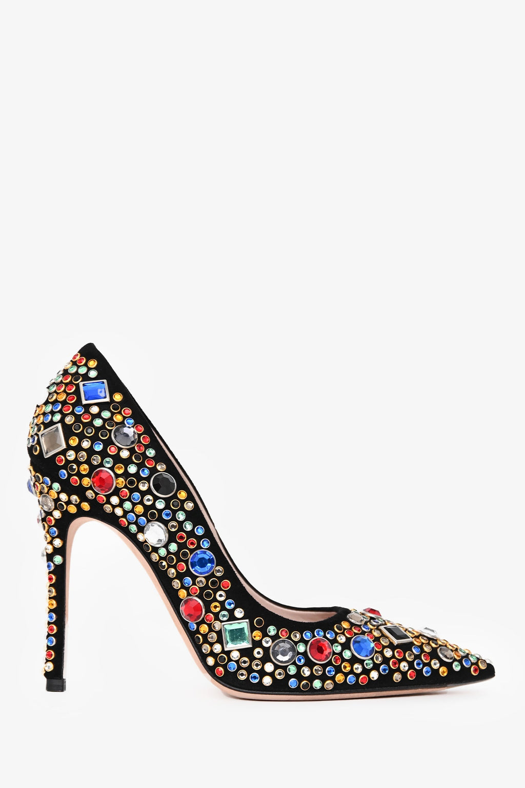 Miu Miu Black Suede Leather Gem Embellished Heels Size 36.5