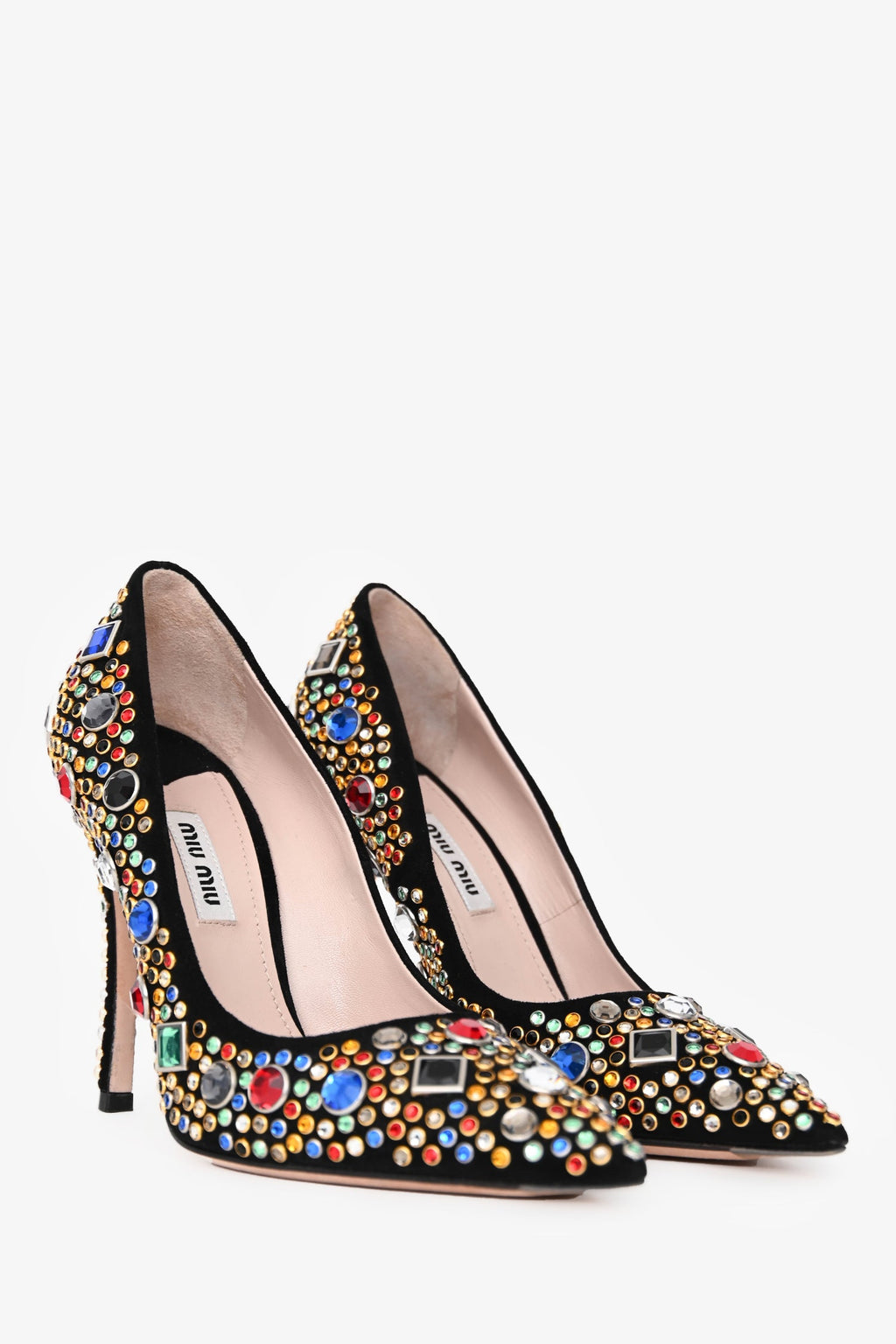 Miu Miu Black Suede Leather Gem Embellished Heels Size 36.5