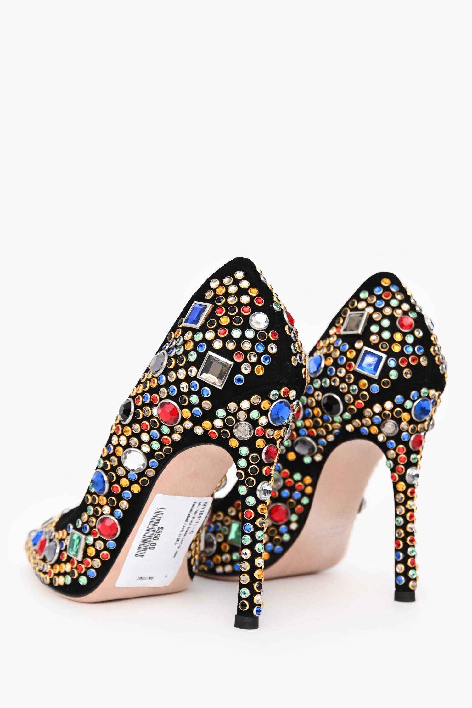 Miu Miu Black Suede Leather Gem Embellished Heels Size 36.5