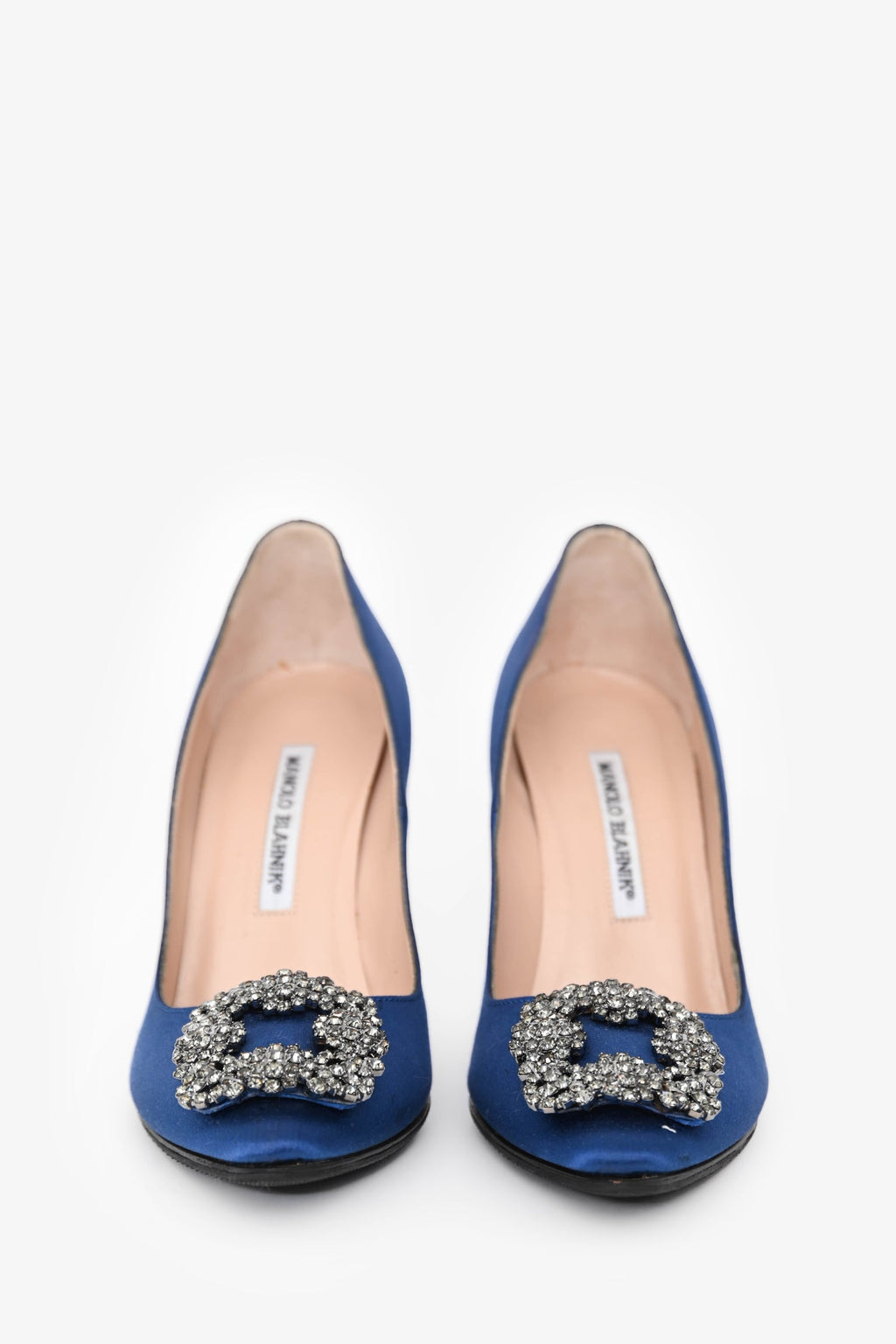 Manolo Blahnik Blue Satin Crystal Embellished Hangisi Heels Size 36.5