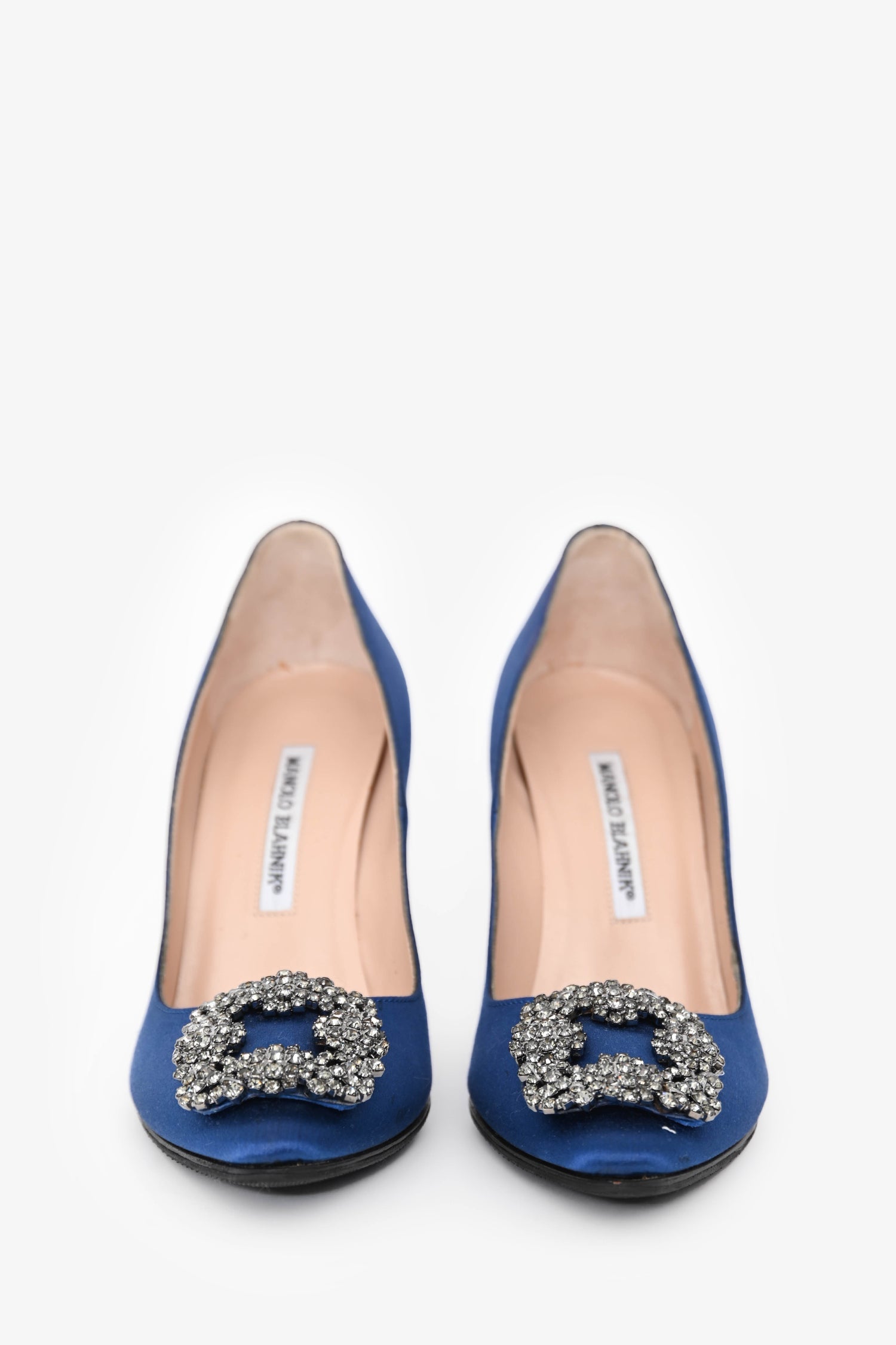 Manolo Blahnik Blue Satin Crystal Embellished Hangisi Heels Size 36.5
