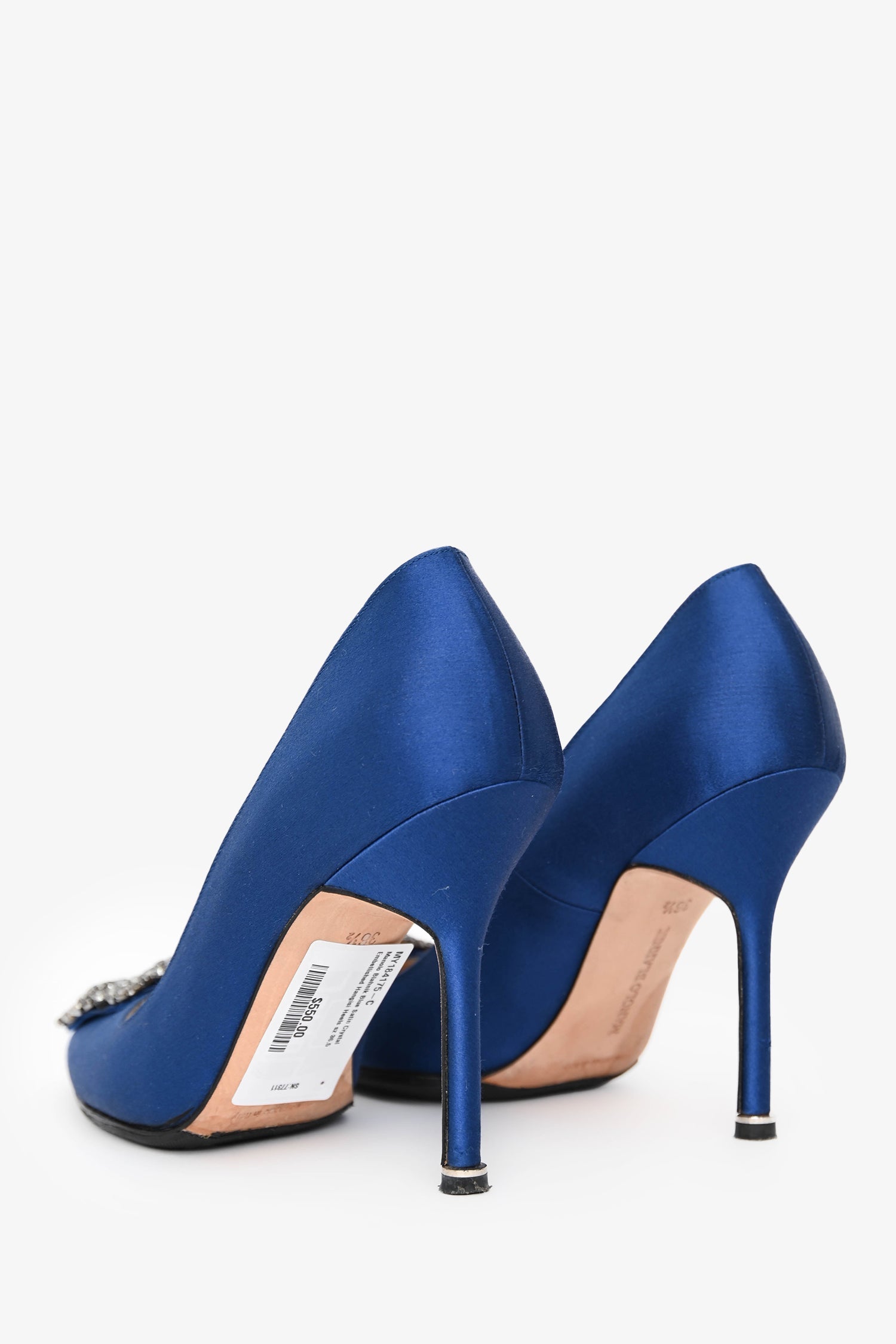 Manolo Blahnik Blue Satin Crystal Embellished Hangisi Heels Size 36.5