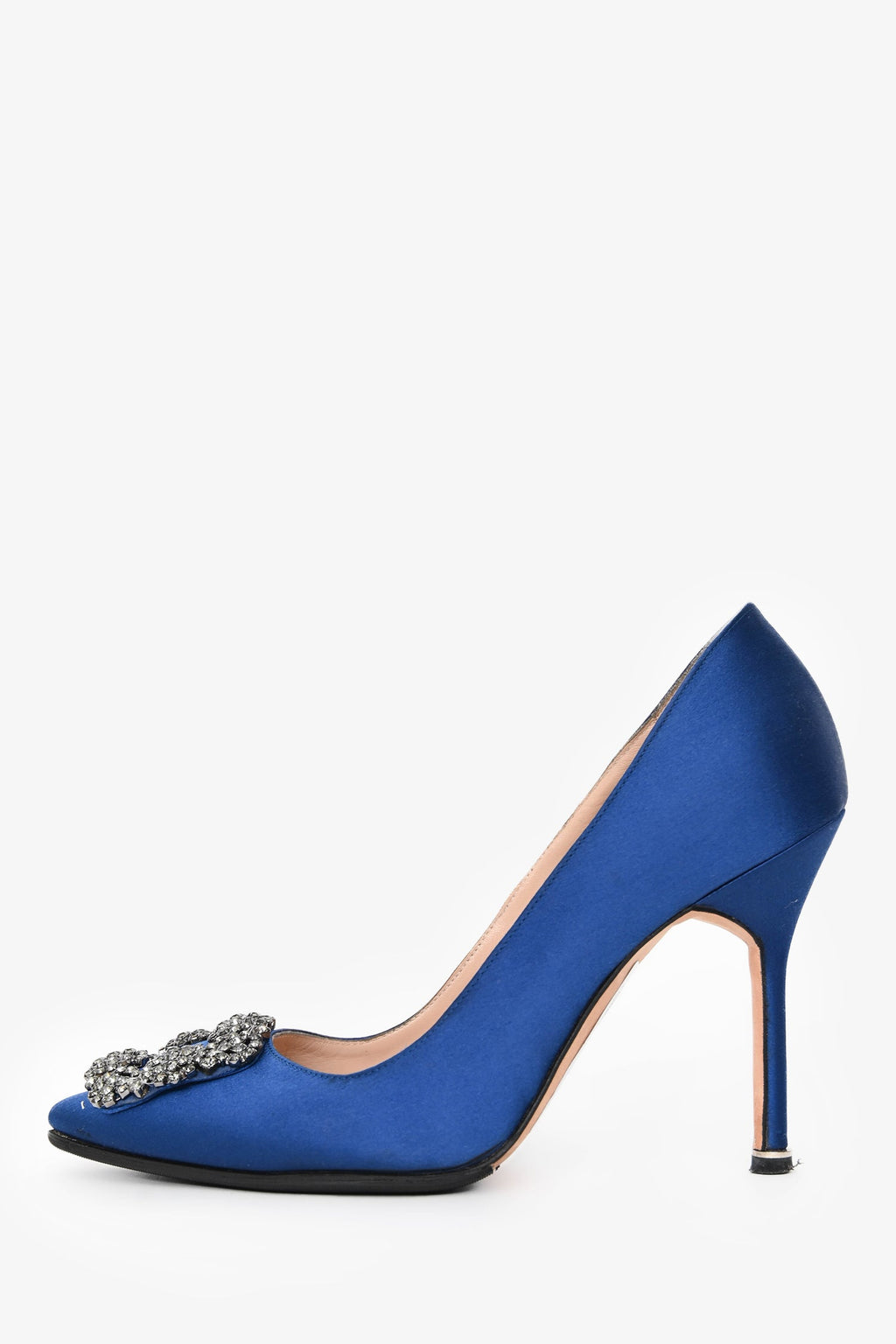 Manolo Blahnik Blue Satin Crystal Embellished Hangisi Heels Size 36.5