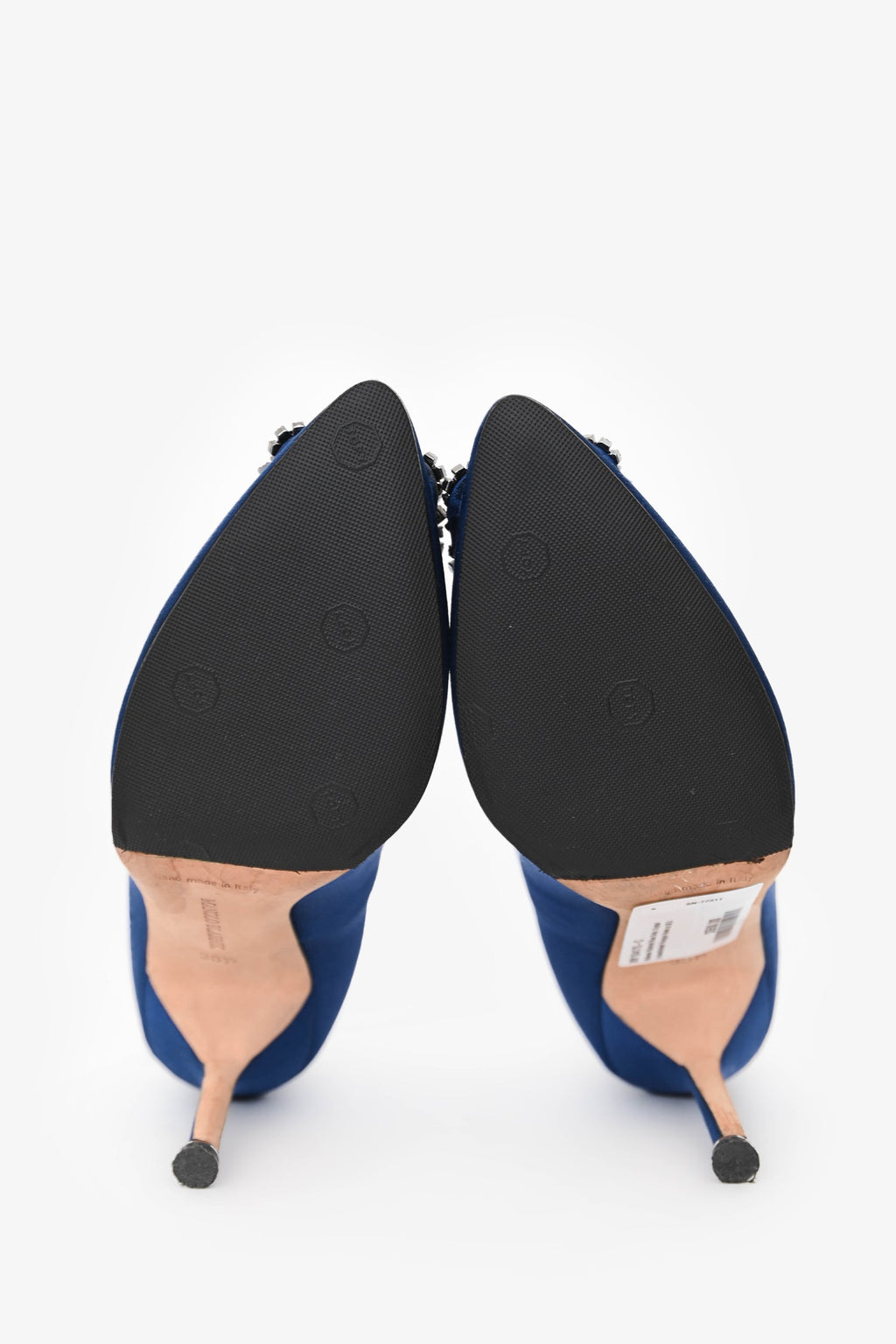 Manolo Blahnik Blue Satin Crystal Embellished Hangisi Heels Size 36.5