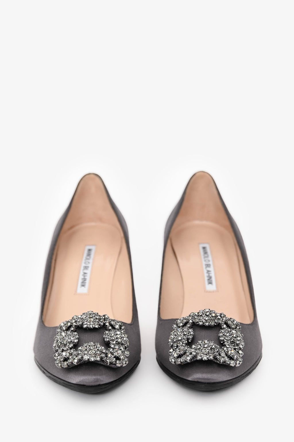 Manolo Blahnik Grey Satin Crystal Embellished Hangisi Heels Size 36.5